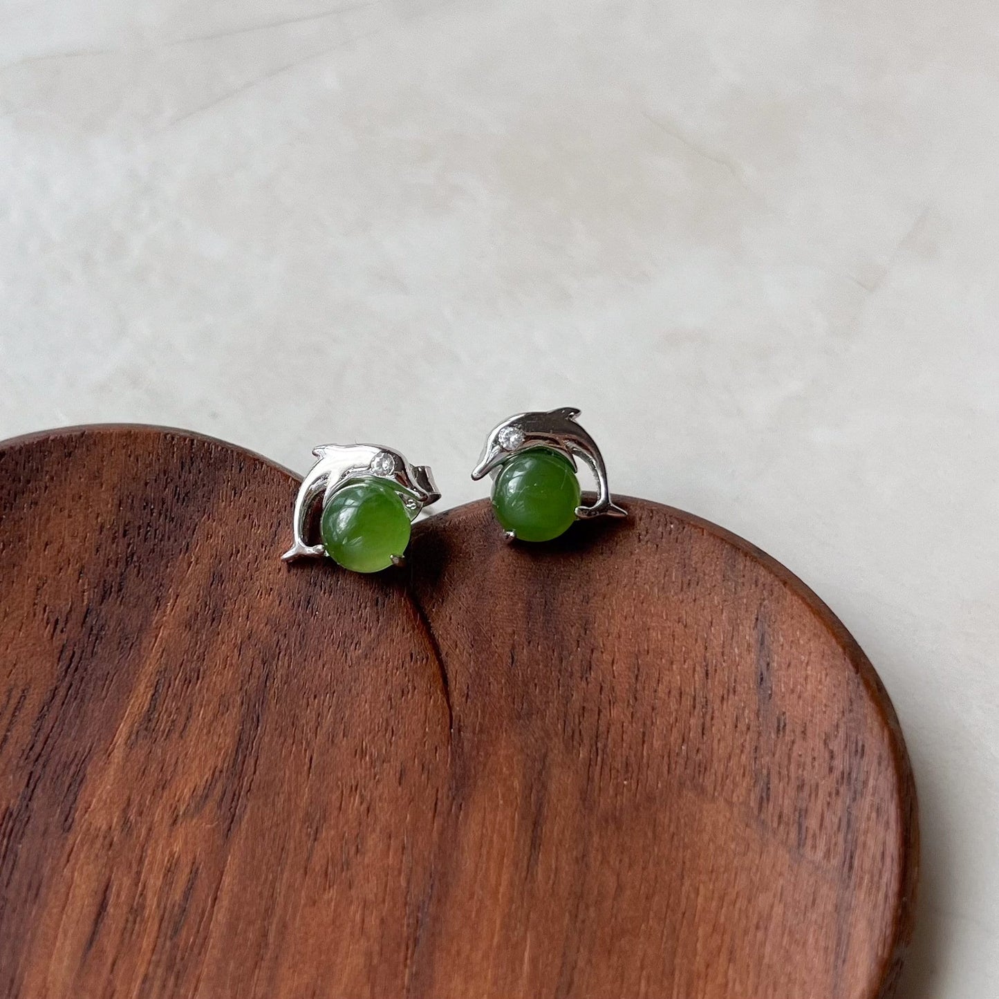 Dolphin Jade Earring Studs, Green Nephrite Jade Sterling Silver Earrings, JSY-0424-12096