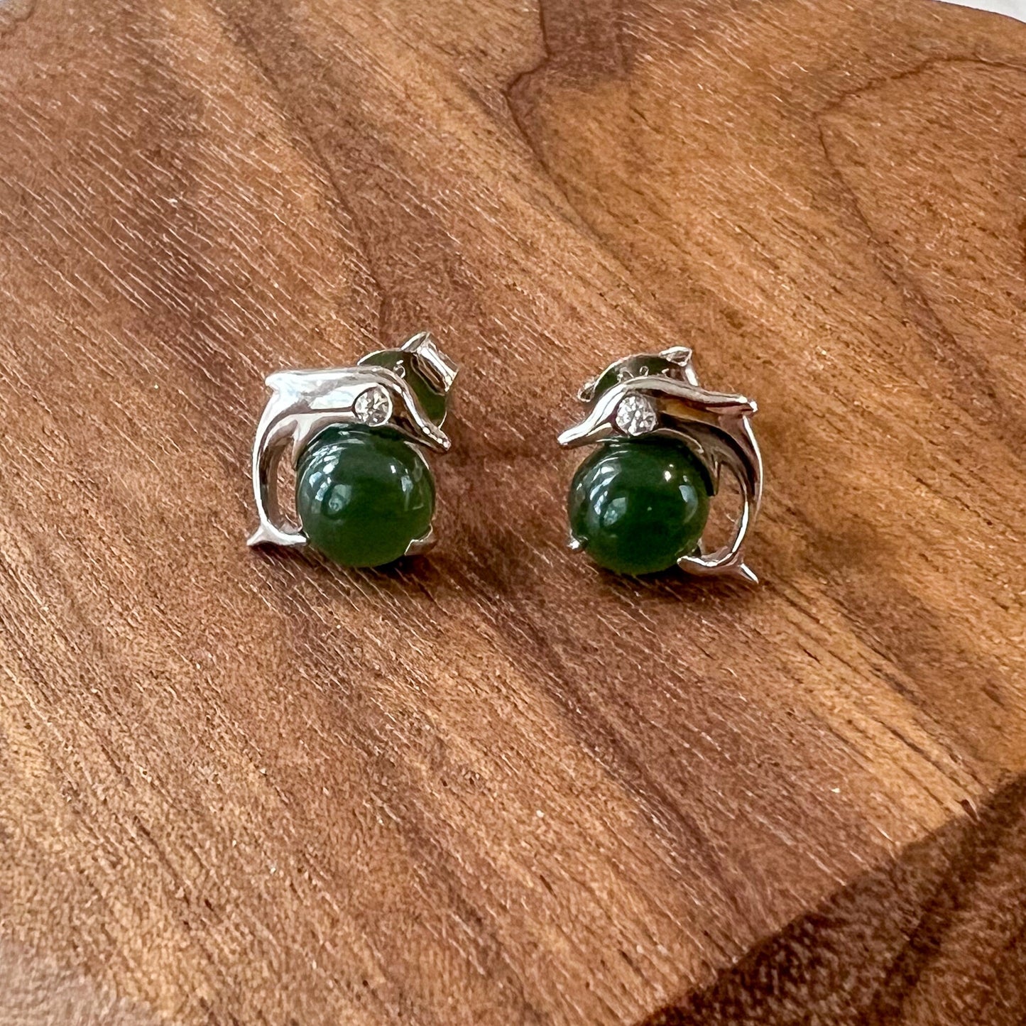 Dolphin Jade Earring Studs, Green Nephrite Jade Sterling Silver Earrings, JSY-0424-12096