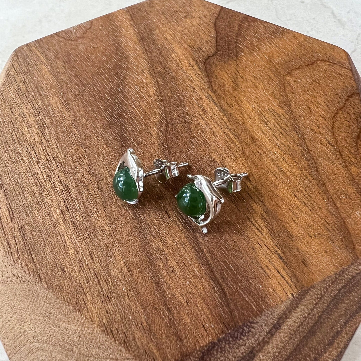 Dolphin Jade Earring Studs, Green Nephrite Jade Sterling Silver Earrings, JSY-0424-12096