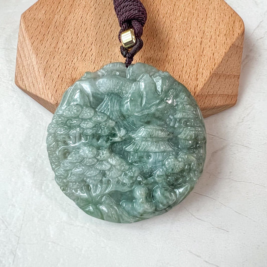 Landscape Mountain Forest River Scenery, Green Jade, Hand Carved Pendant Necklace,YJ-0422-0350138