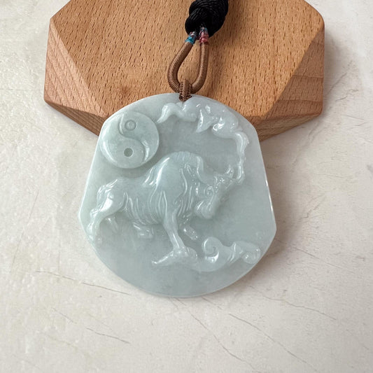 Ox Jadeite Jade Bull Cow Chinese Zodiac Carved Pendant Necklace, YJ-0421-0393083