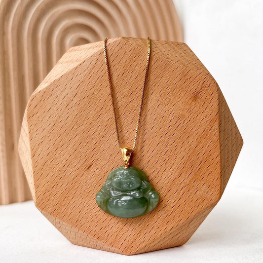 Small Green Happy Buddha, Jadeite Jade, 18K Gold Bail, Pendant Necklace, BJ-0621-0004738