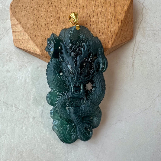 Sacred Dragon Jade Pendant, Large Green Jadeite Jade Dragon Hand Carved Pendant with 18K Gold, CAN-0424-1720803000