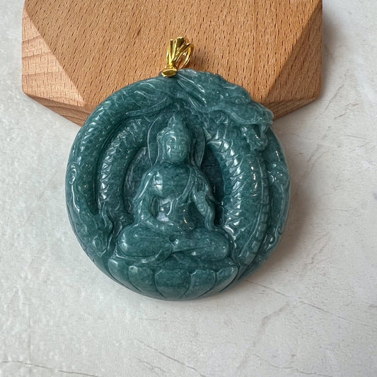 Dragon's Guardian Buddha Jade Pendant, Amitabha Buddha Amida Large Carved Pendant, Green Jadeite Jade with 18K Gold,WEN-0424-1720983740