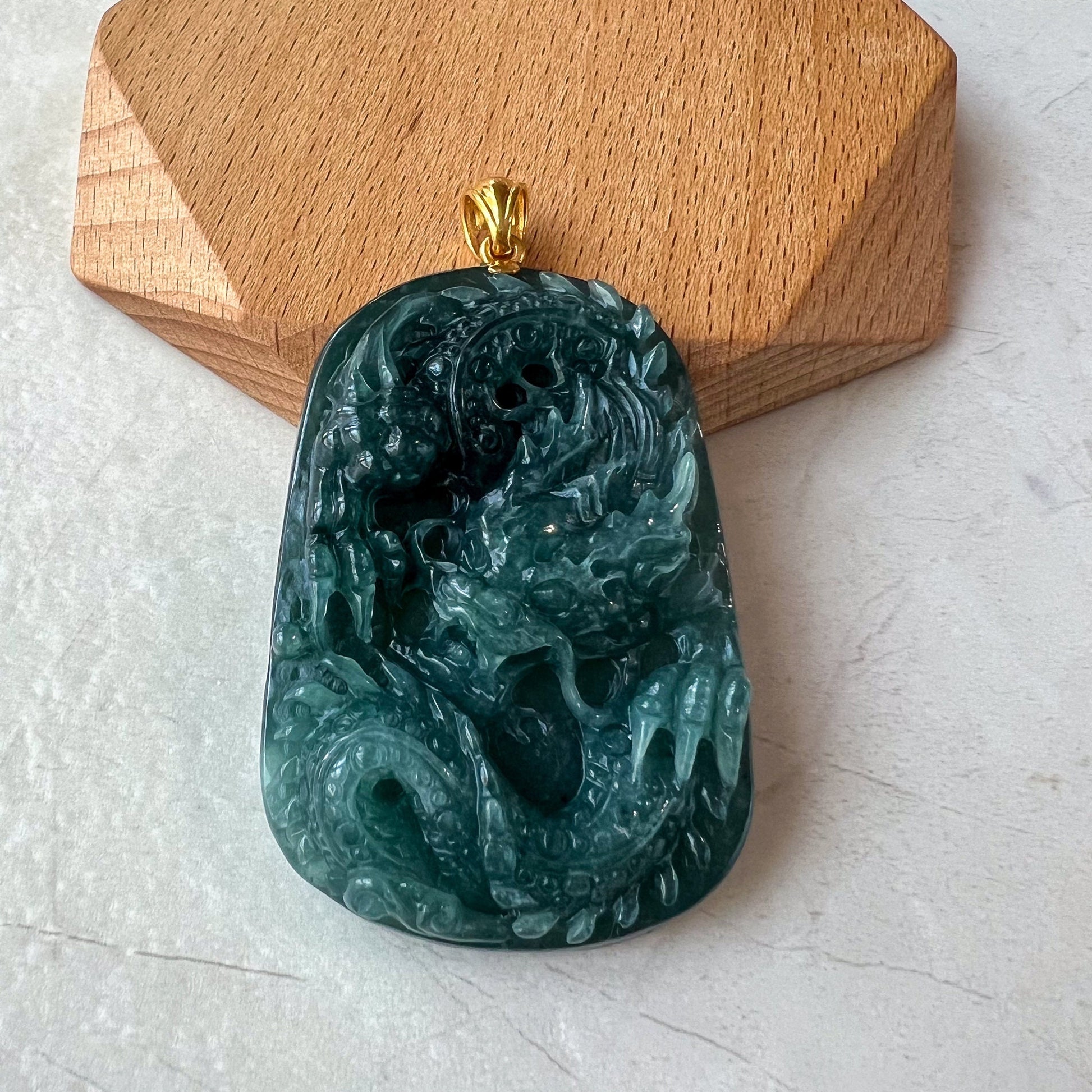 Jadeite Jade Dragon Carved Pendant with 18K Gold, Green Blue