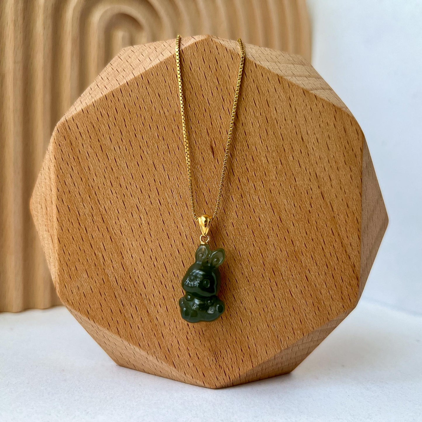 Nephrite Jade Rabbit Pendant with 18K Solid Gold, Small 3-D Carved Rabbit Pendant, HST-0424-1723143864