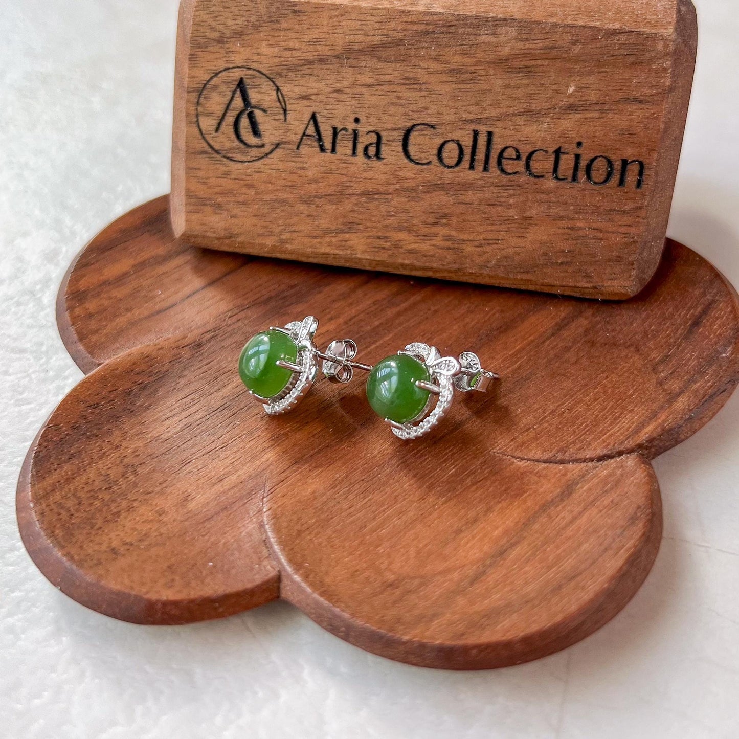 Jade Apple Earring Studs, Green Nephrite Jade Sterling Silver Earrings, JSY-0424-12164