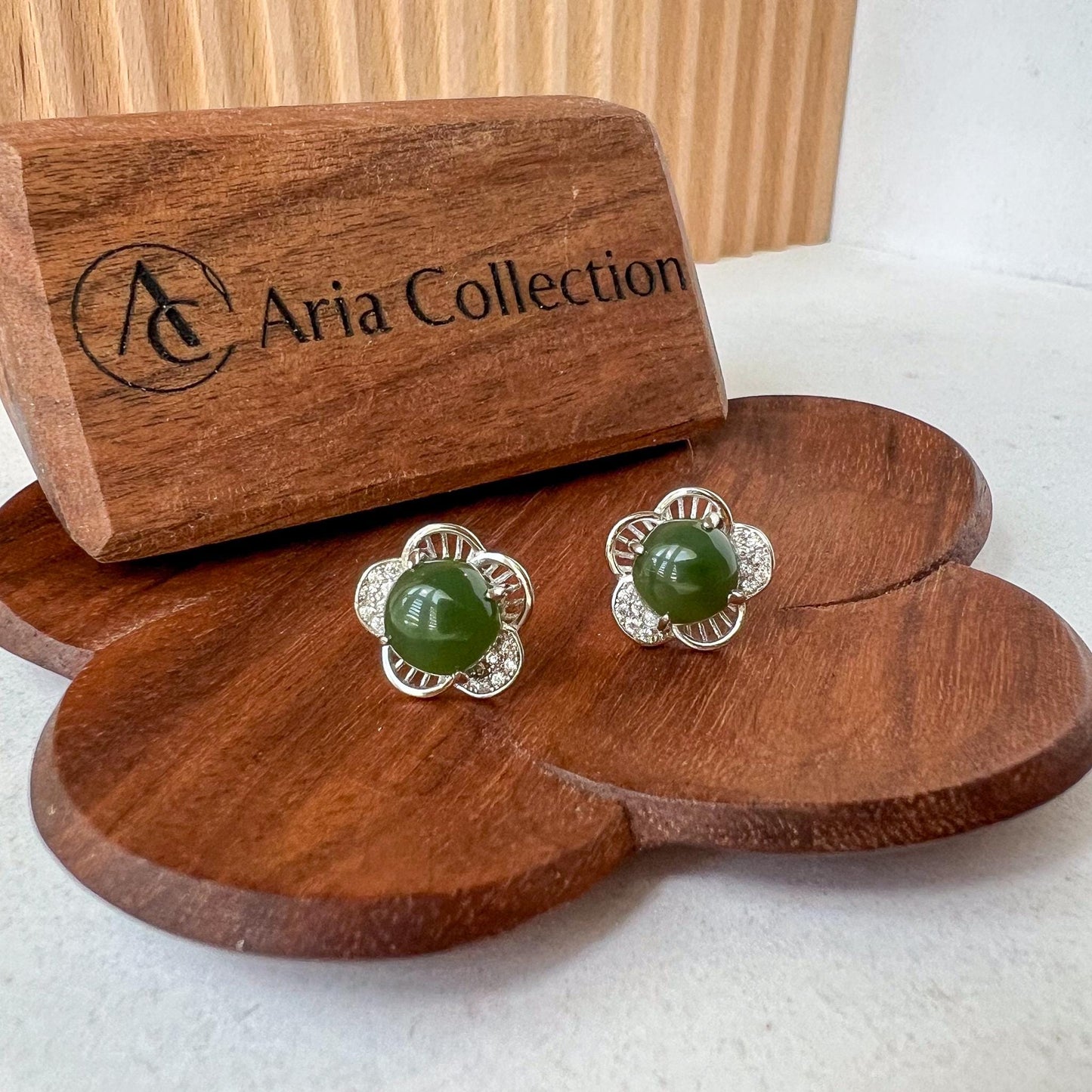 Jade Flower Earring Studs, Green Nephrite Jade Sterling Silver Earrings, JSY-0424-12158