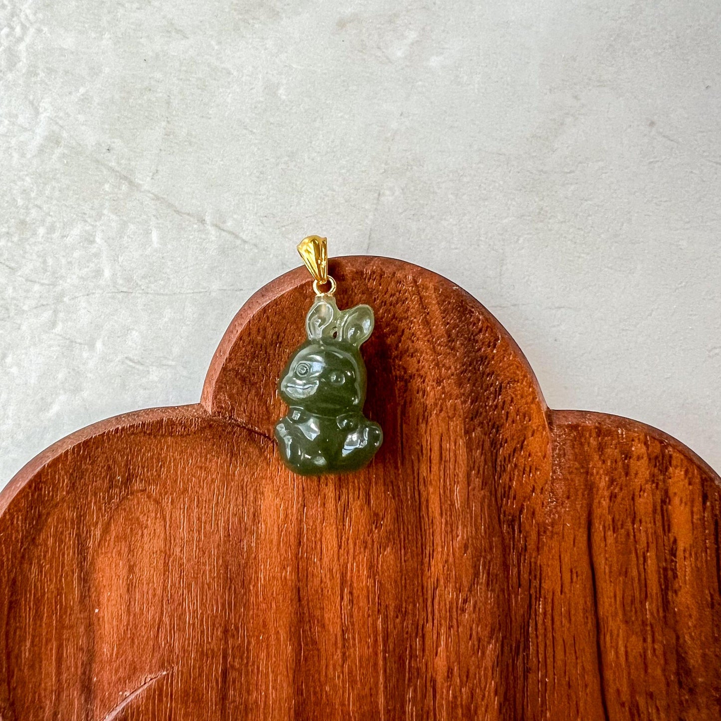 Nephrite Jade Rabbit Pendant with 18K Solid Gold, Small 3-D Carved Rabbit Pendant, HST-0424-1723143864