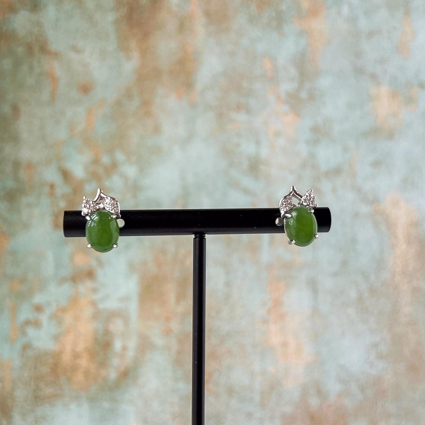 Silver Leaf Green Jade Earring Studs, Green Nephrite Jade Sterling Silver Earrings, JSY-0424-12150