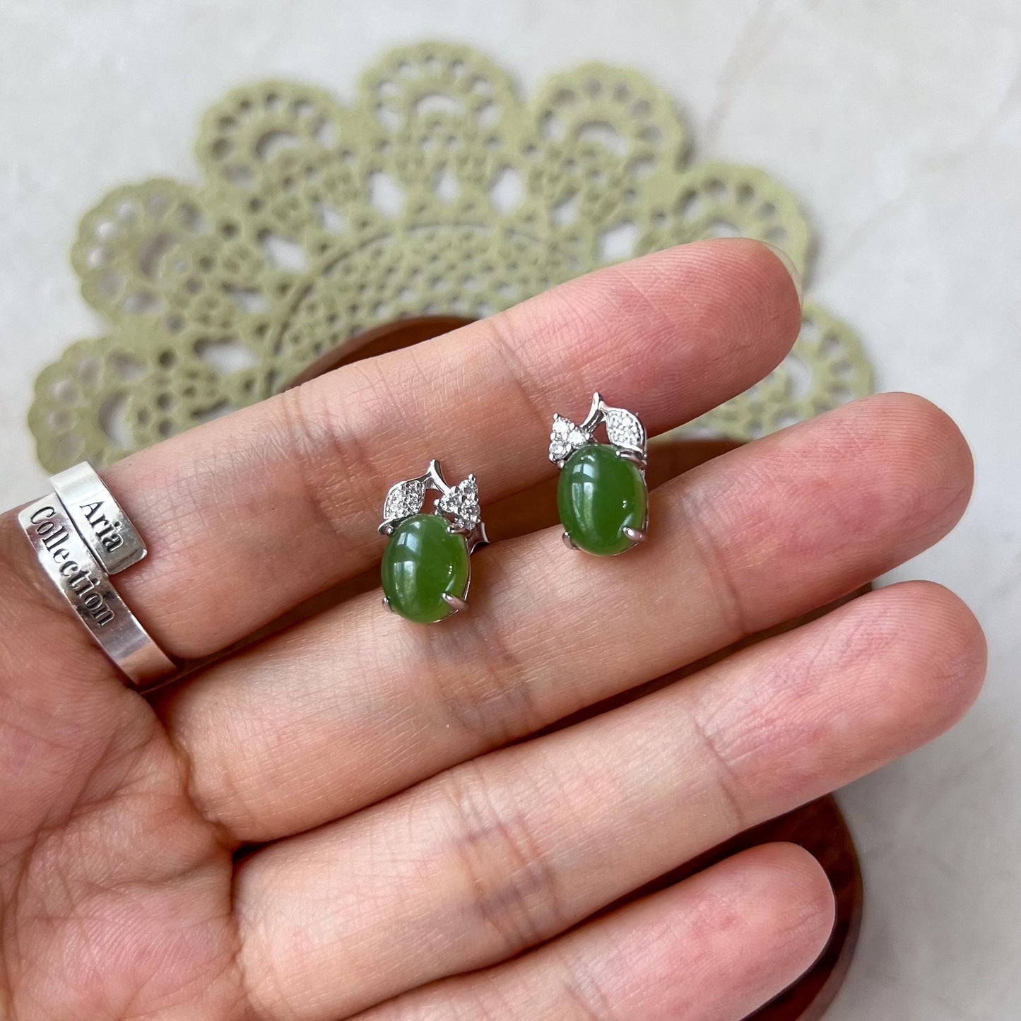 Silver Leaf Green Jade Earring Studs, Green Nephrite Jade Sterling Silver Earrings, JSY-0424-12150