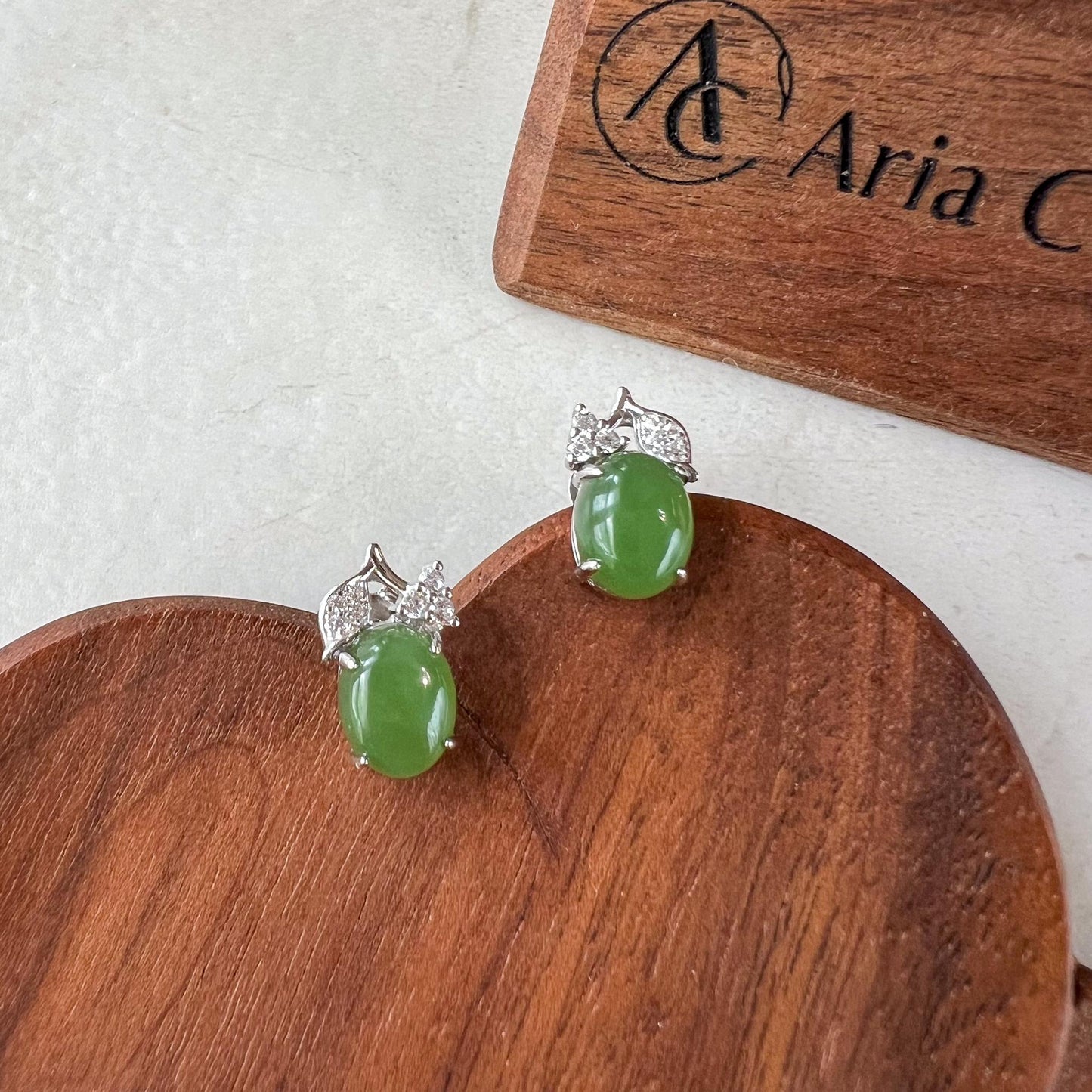 Silver Leaf Green Jade Earring Studs, Green Nephrite Jade Sterling Silver Earrings, JSY-0424-12150