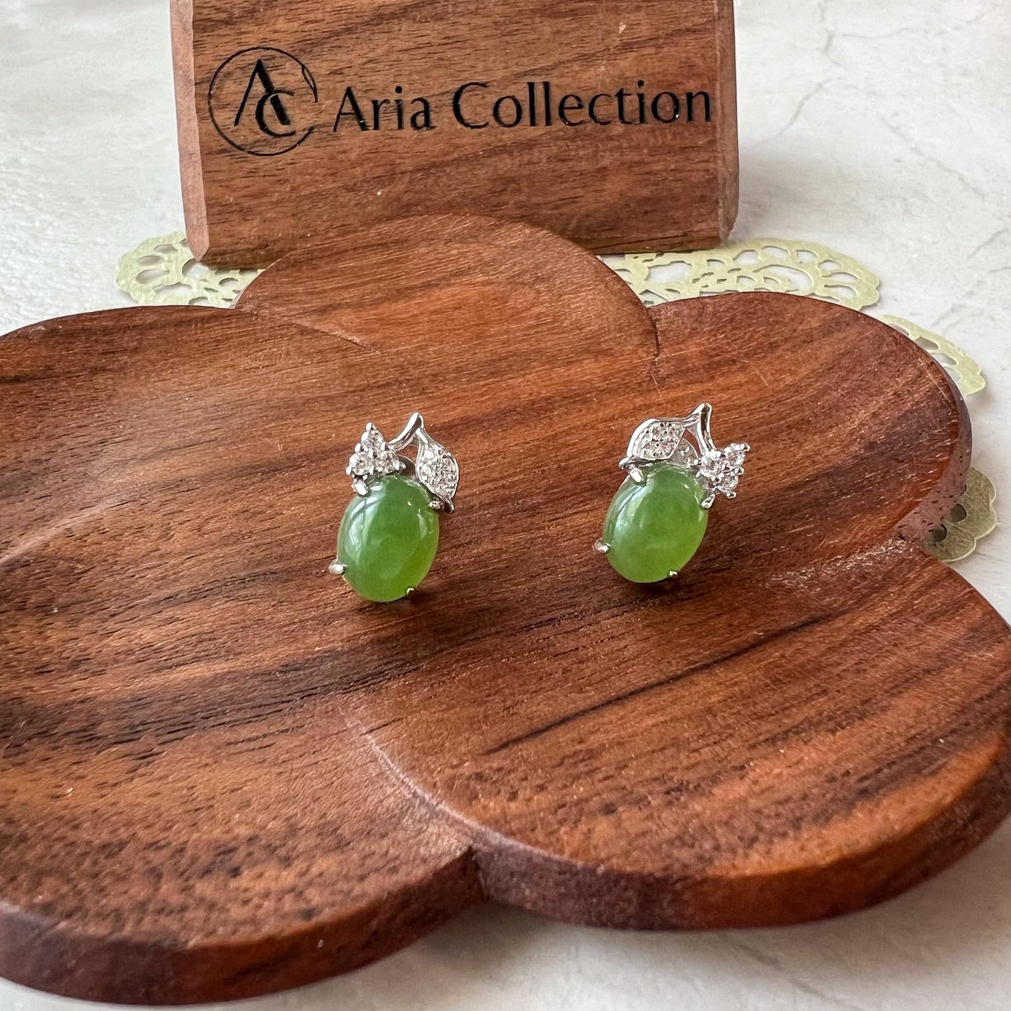 Silver Leaf Green Jade Earring Studs, Green Nephrite Jade Sterling Silver Earrings, JSY-0424-12150