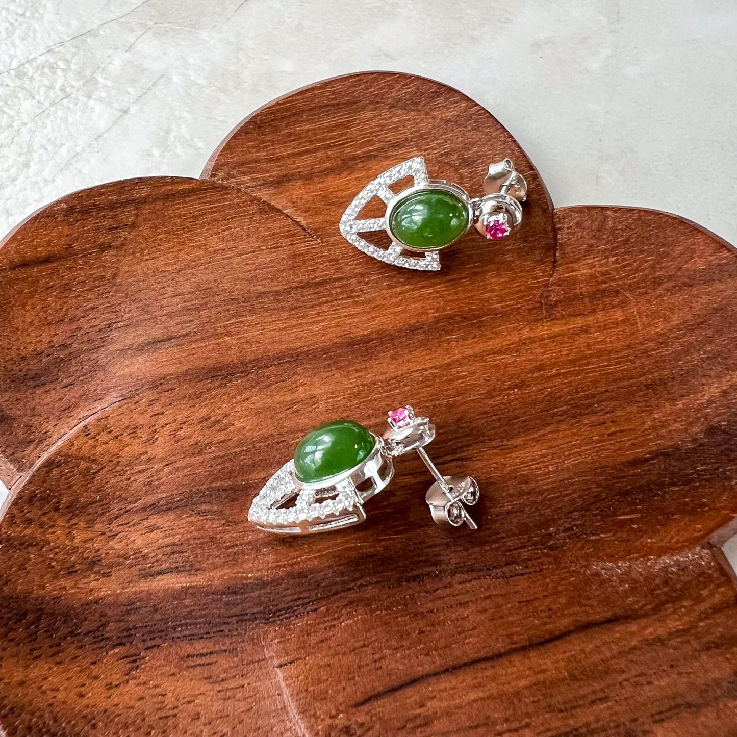 Royal Jade Crest Earring Studs, Green Nephrite Jade Sterling Silver Earrings, JSY-0424-12153