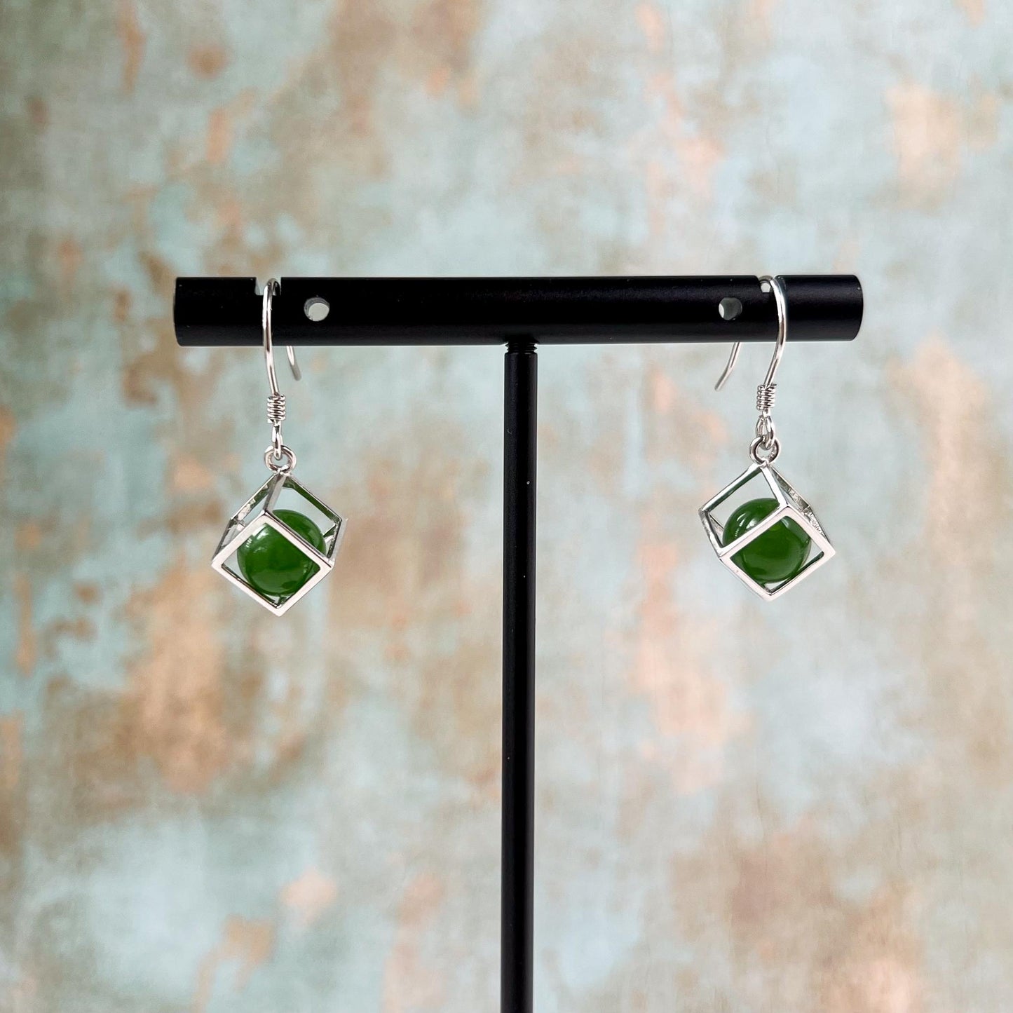 Jade Cube Earrings, Green Nephrite Jade Sterling Silver Earrings, JSY-0424-12160