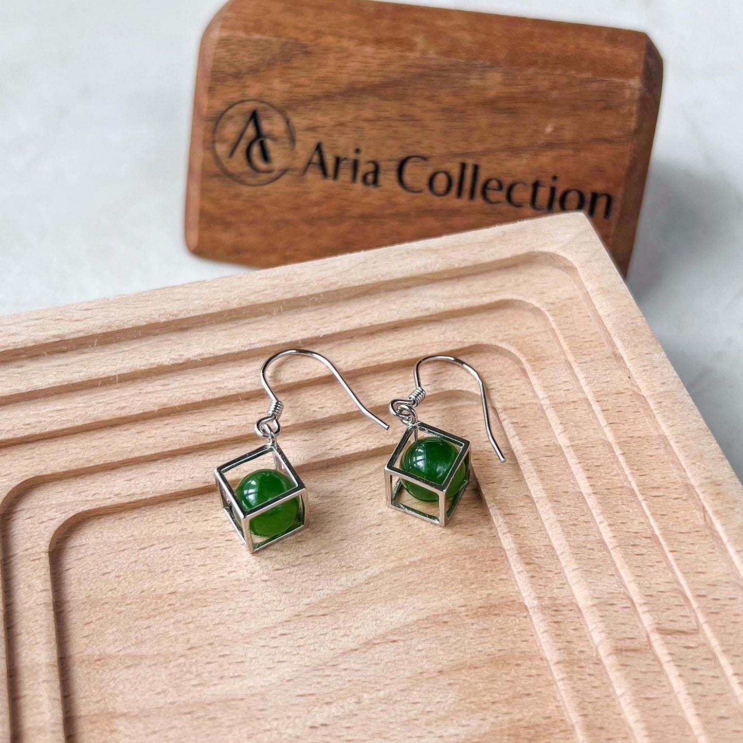 Jade Cube Earrings, Green Nephrite Jade Sterling Silver Earrings, JSY-0424-12160