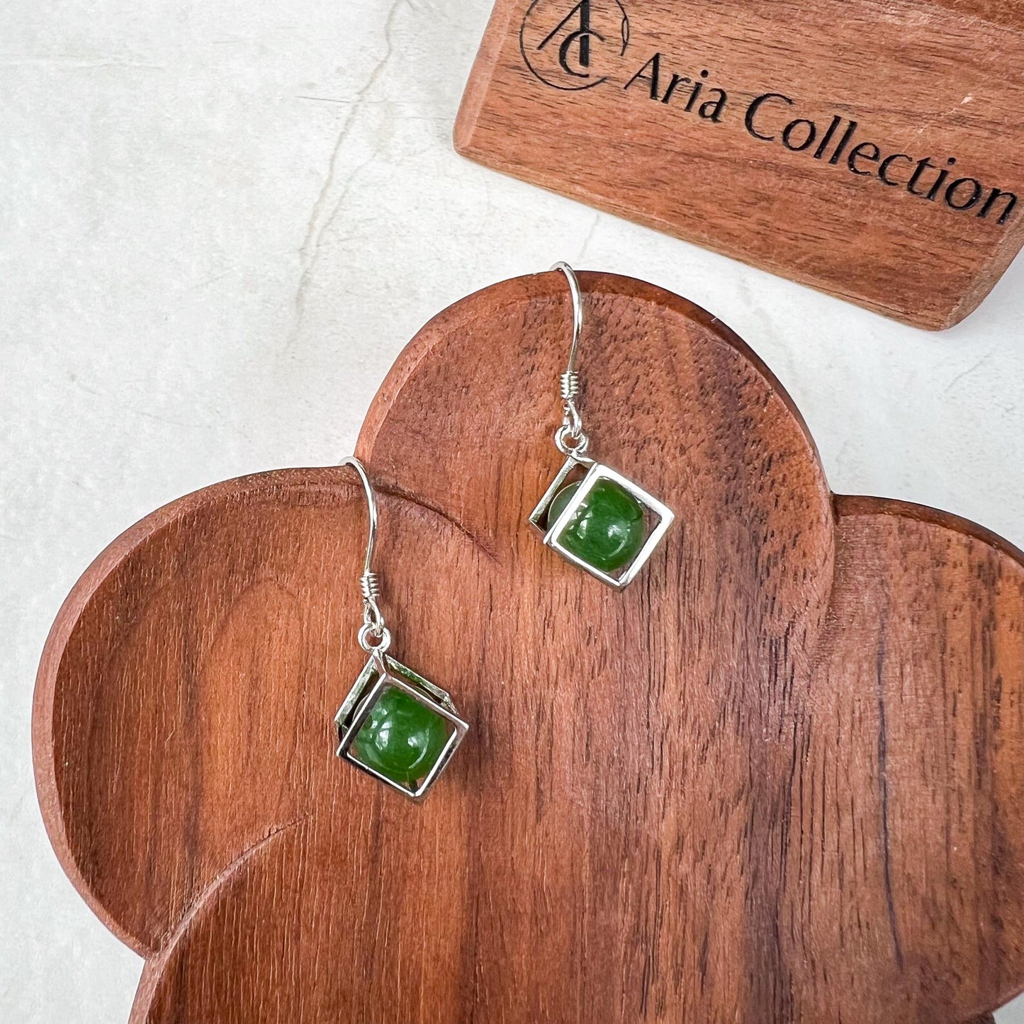 Jade Cube Earrings, Green Nephrite Jade Sterling Silver Earrings, JSY-0424-12160