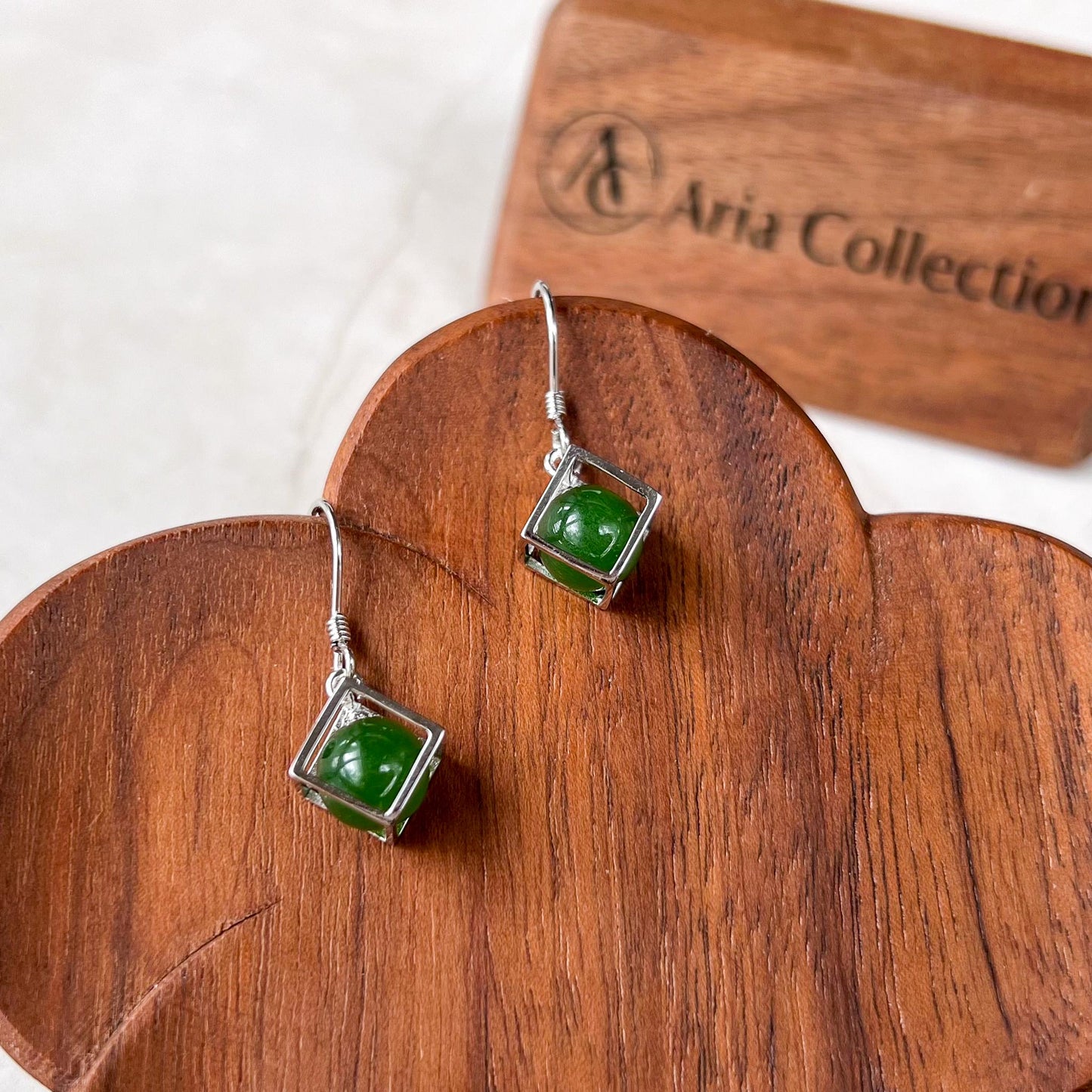 Jade Cube Earrings, Green Nephrite Jade Sterling Silver Earrings, JSY-0424-12160