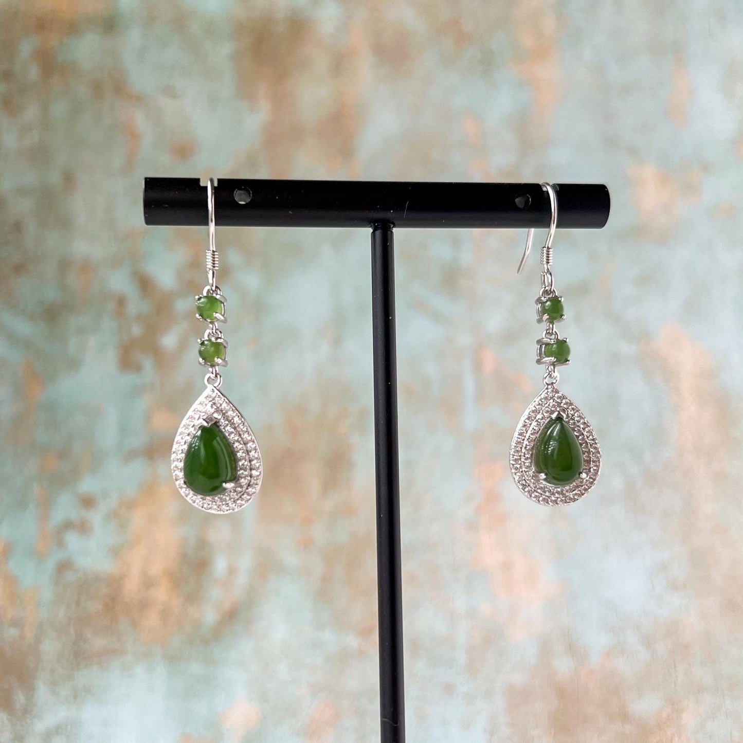 Jade Teardrop Earrings, Green Nephrite Jade Sterling Silver Earrings, JSY-0424-12149