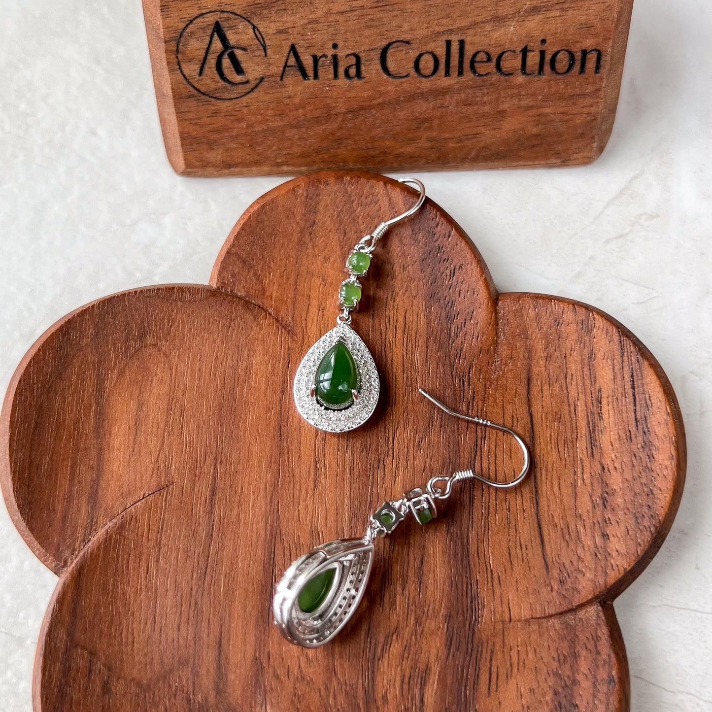 Jade Teardrop Earrings, Green Nephrite Jade Sterling Silver Earrings, JSY-0424-12149