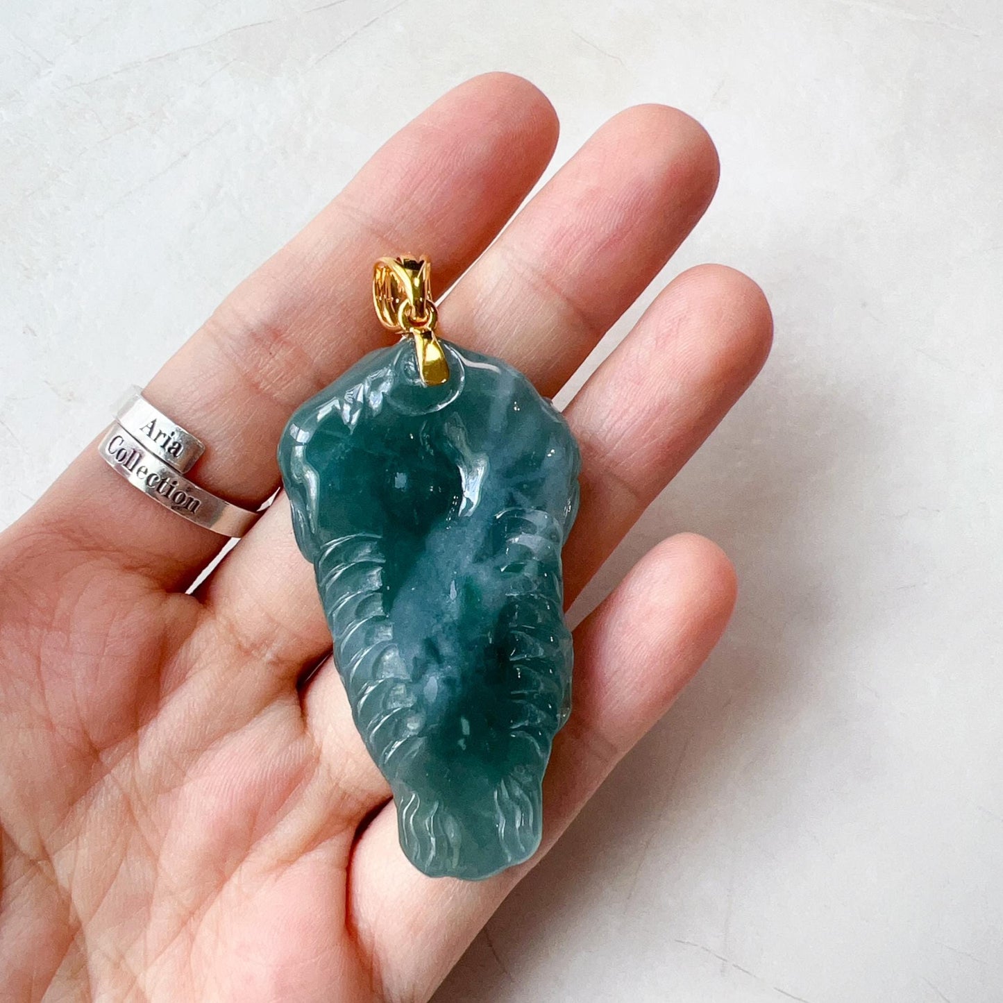 Green Dragon Head Jadeite Jade Hand Carved Pendant with 18K Solid Gold Bail, ZF-0124-1725076362