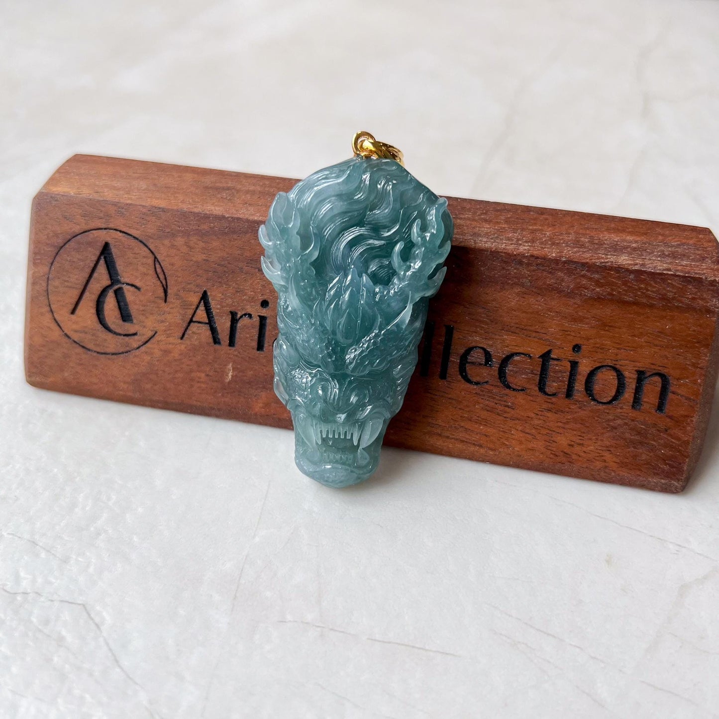 Green Dragon Head Jadeite Jade Hand Carved Pendant with 18K Solid Gold Bail, ZF-0124-1725076362