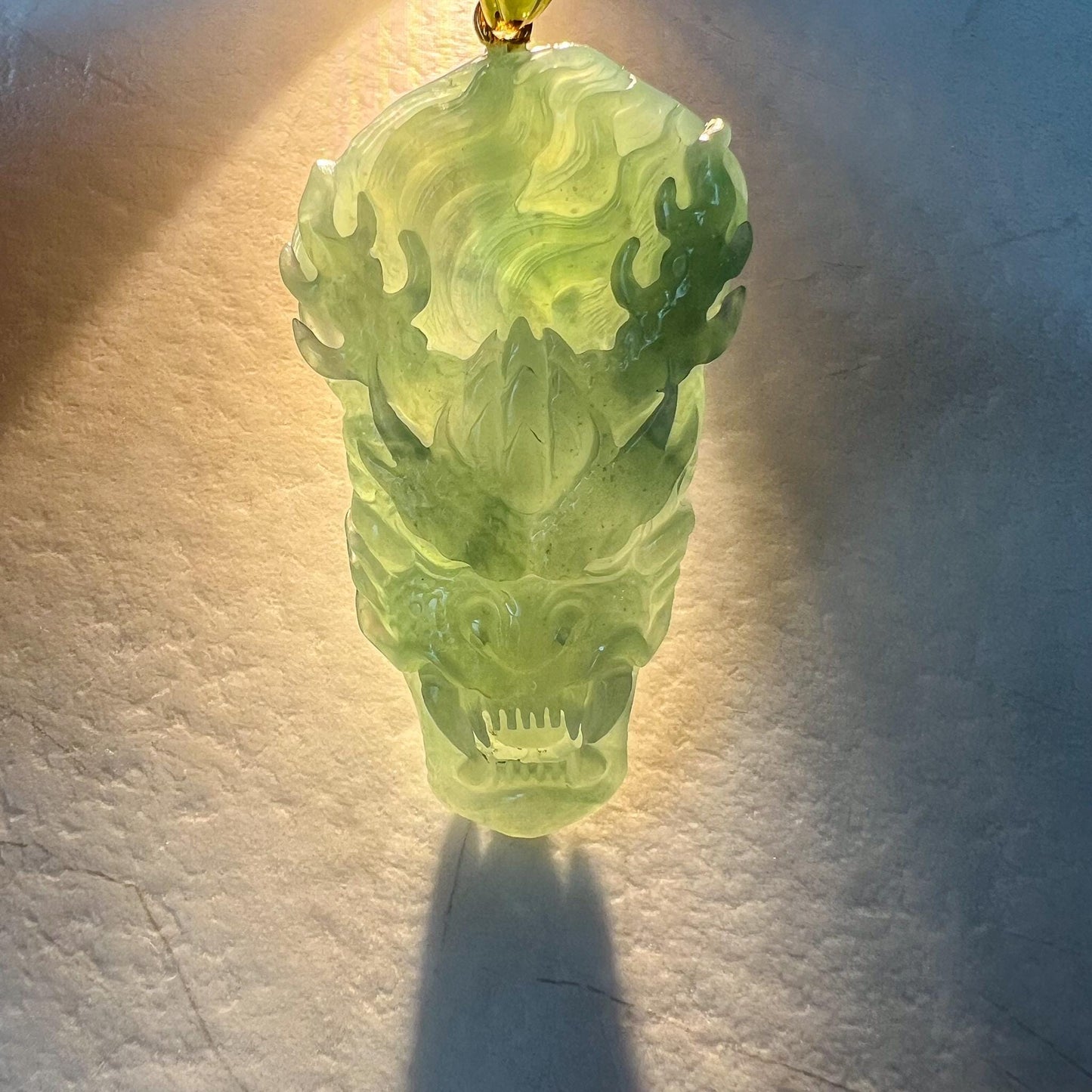 Green Dragon Head Jadeite Jade Hand Carved Pendant with 18K Solid Gold Bail, ZF-0124-1725076362