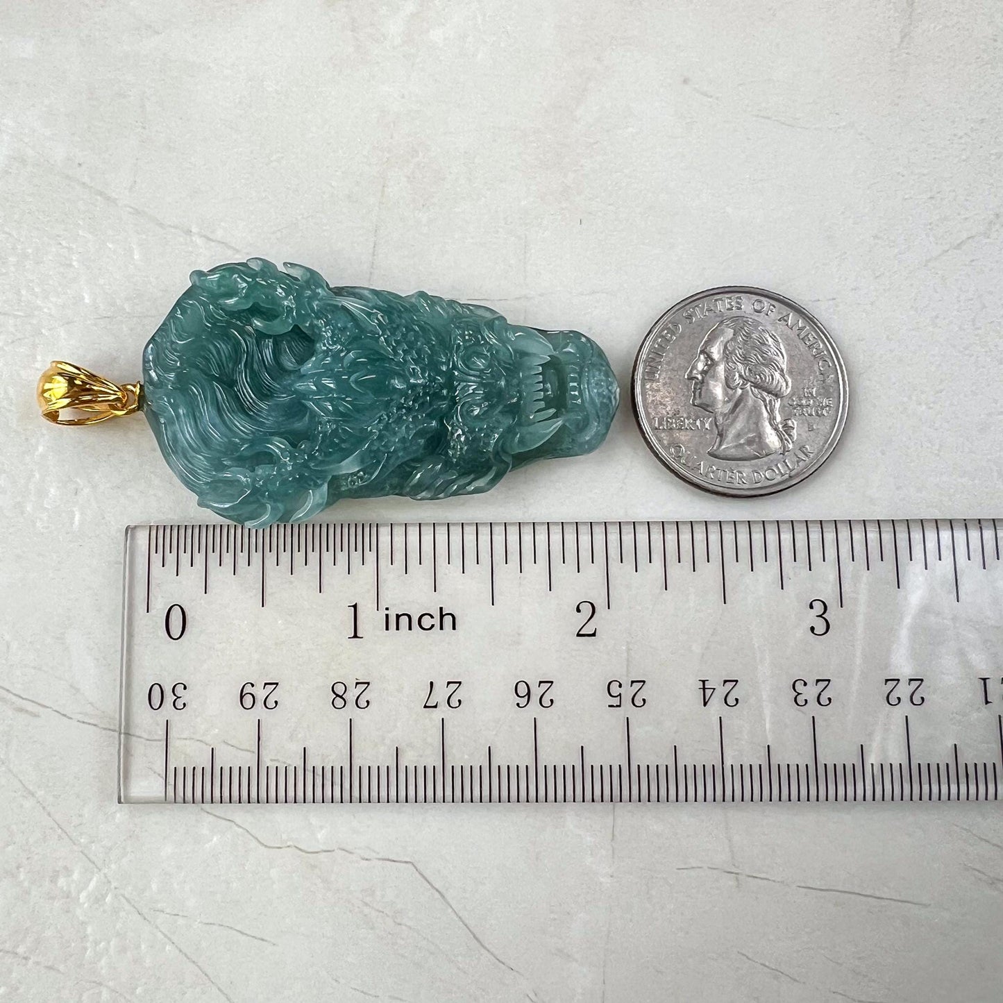 Green Dragon Head Jadeite Jade Hand Carved Pendant with 18K Solid Gold Bail, ZF-0124-1725076362