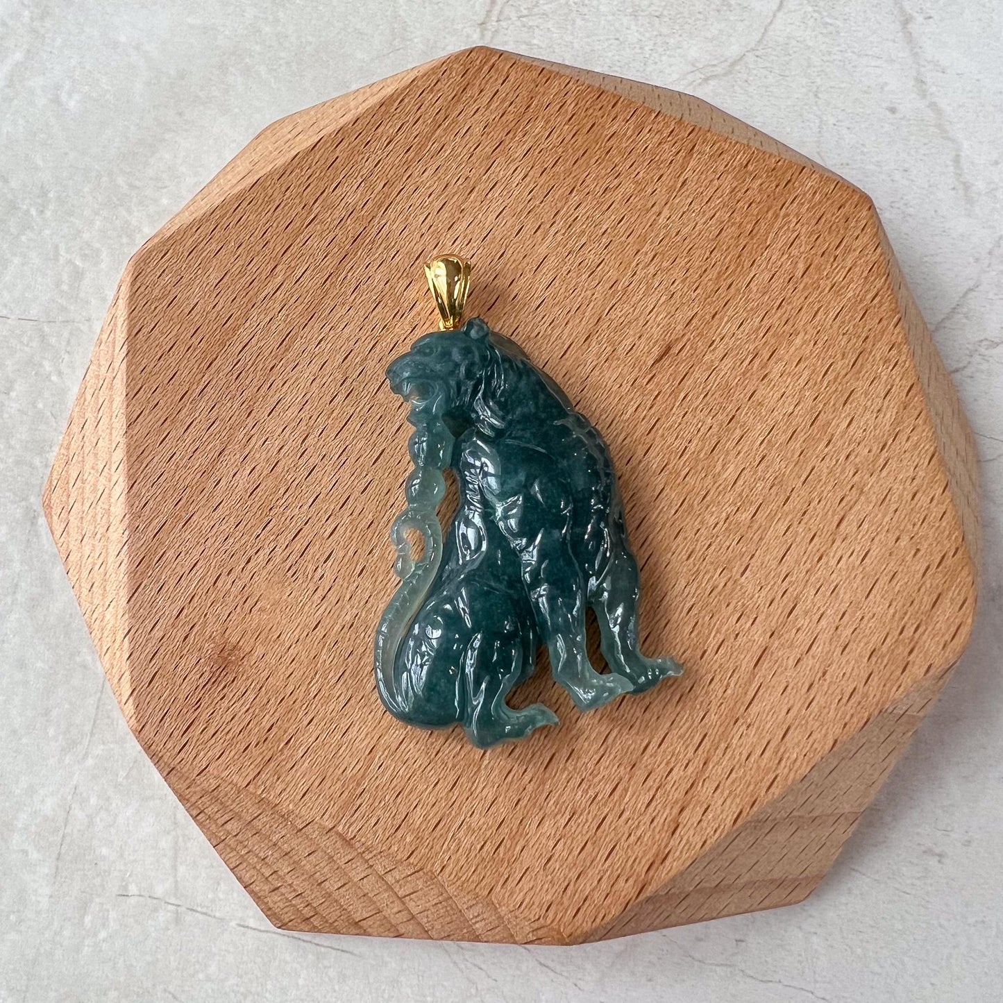 Majestic Jade Tiger Pendant, Blue Green Jadeite Jade Tiger Pendant with 18K Gold Bail, XZ-1022-1725077951