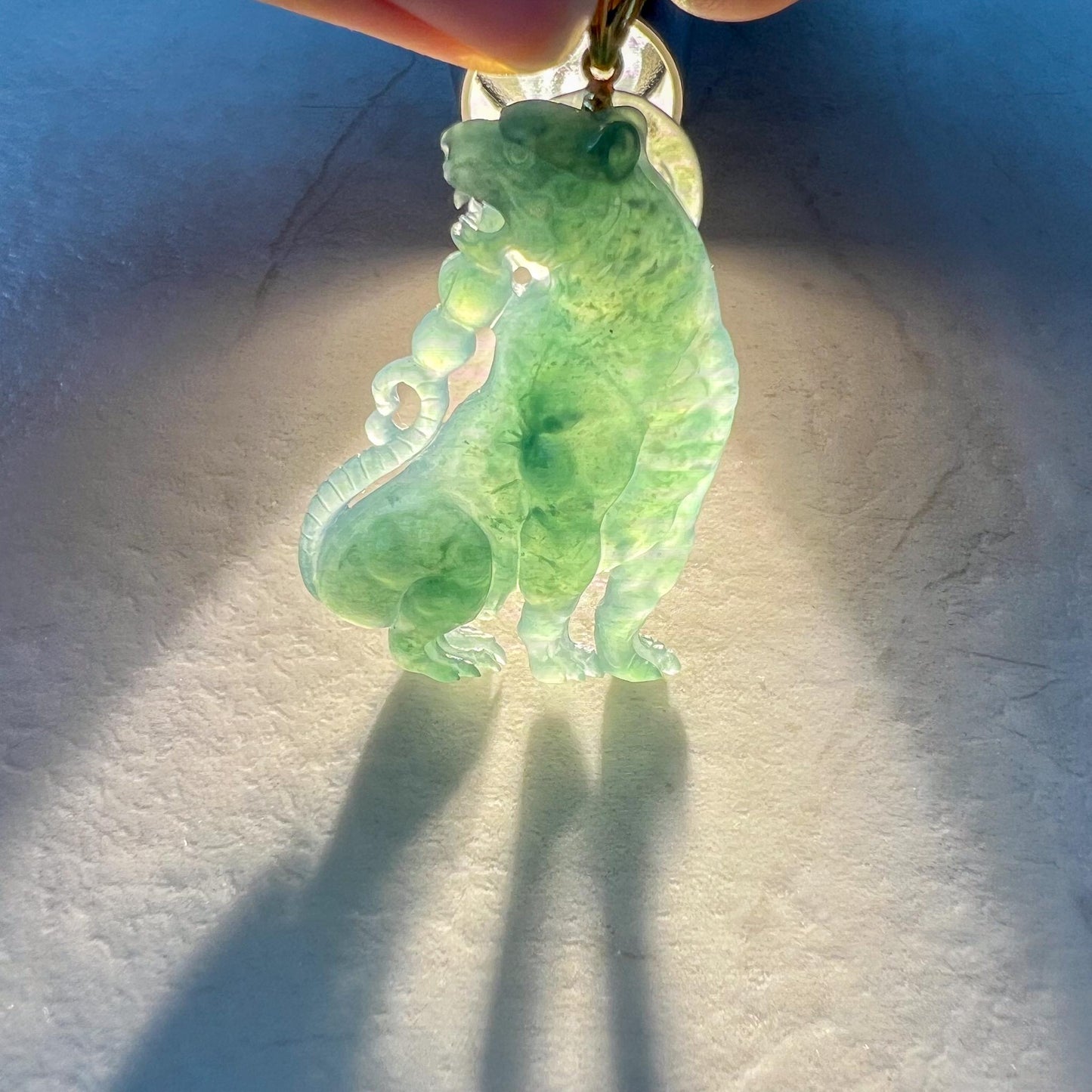 Majestic Jade Tiger Pendant, Blue Green Jadeite Jade Tiger Pendant with 18K Gold Bail, XZ-1022-1725077951