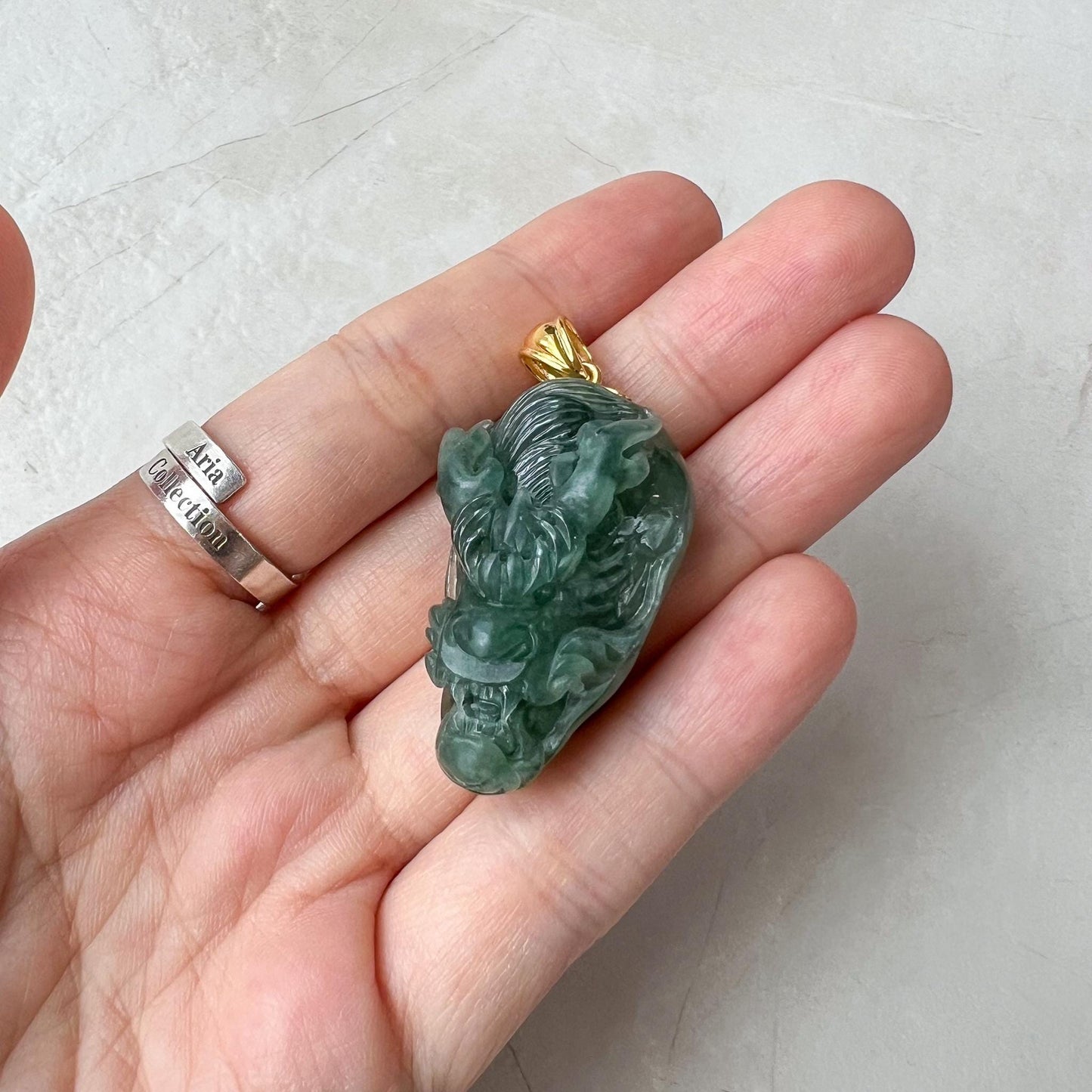 Green Dragon Head Jade Pendant, Jadeite Jade Hand Carved Pendant with 18K Solid Gold Bail, CAN-0424-1725081355