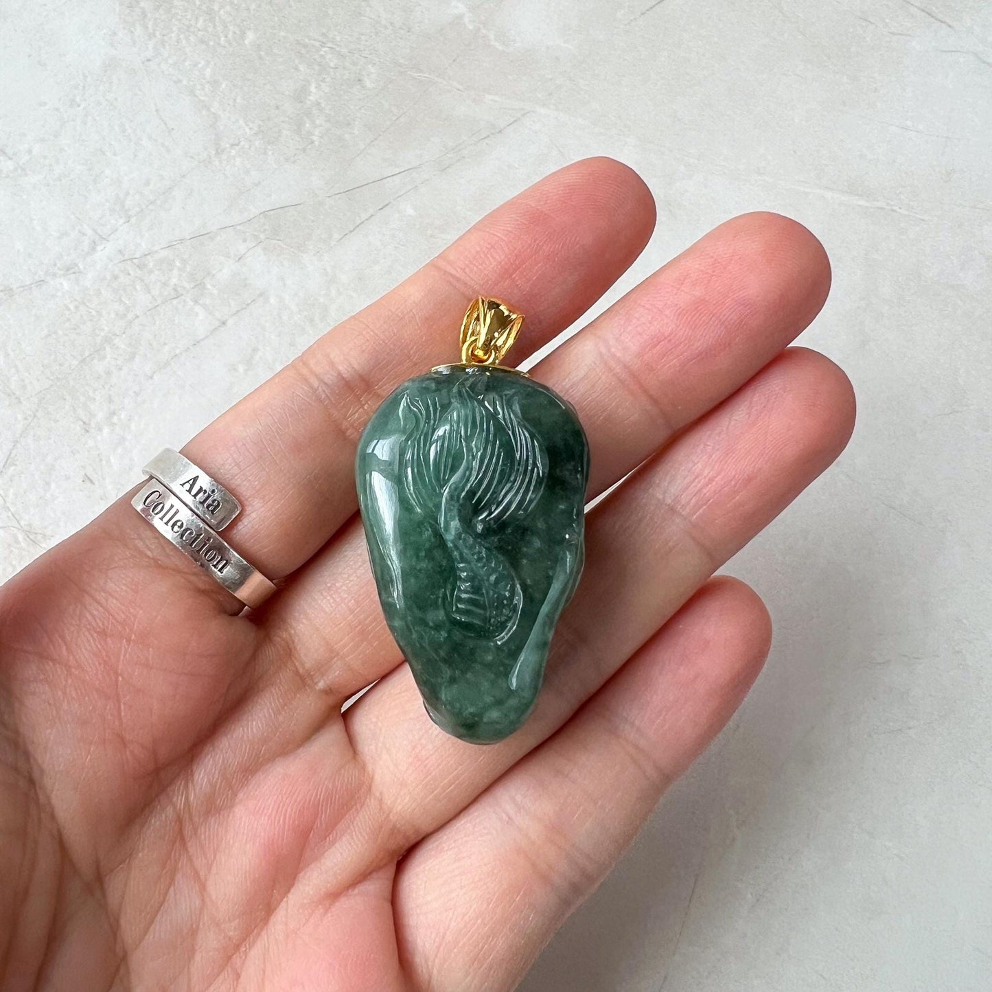 Green Dragon Head Jade Pendant, Jadeite Jade Hand Carved Pendant with 18K Solid Gold Bail, CAN-0424-1725081355