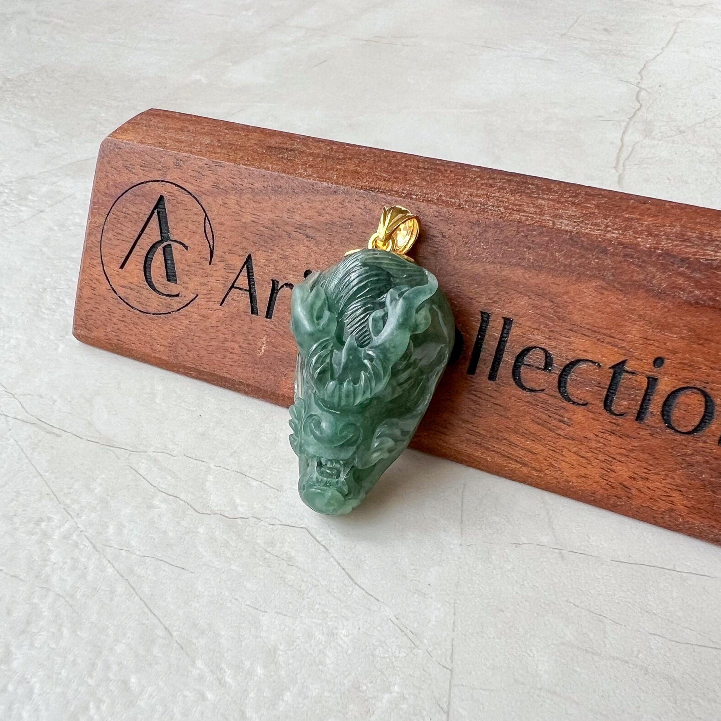 Green Dragon Head Jade Pendant, Jadeite Jade Hand Carved Pendant with 18K Solid Gold Bail, CAN-0424-1725081355