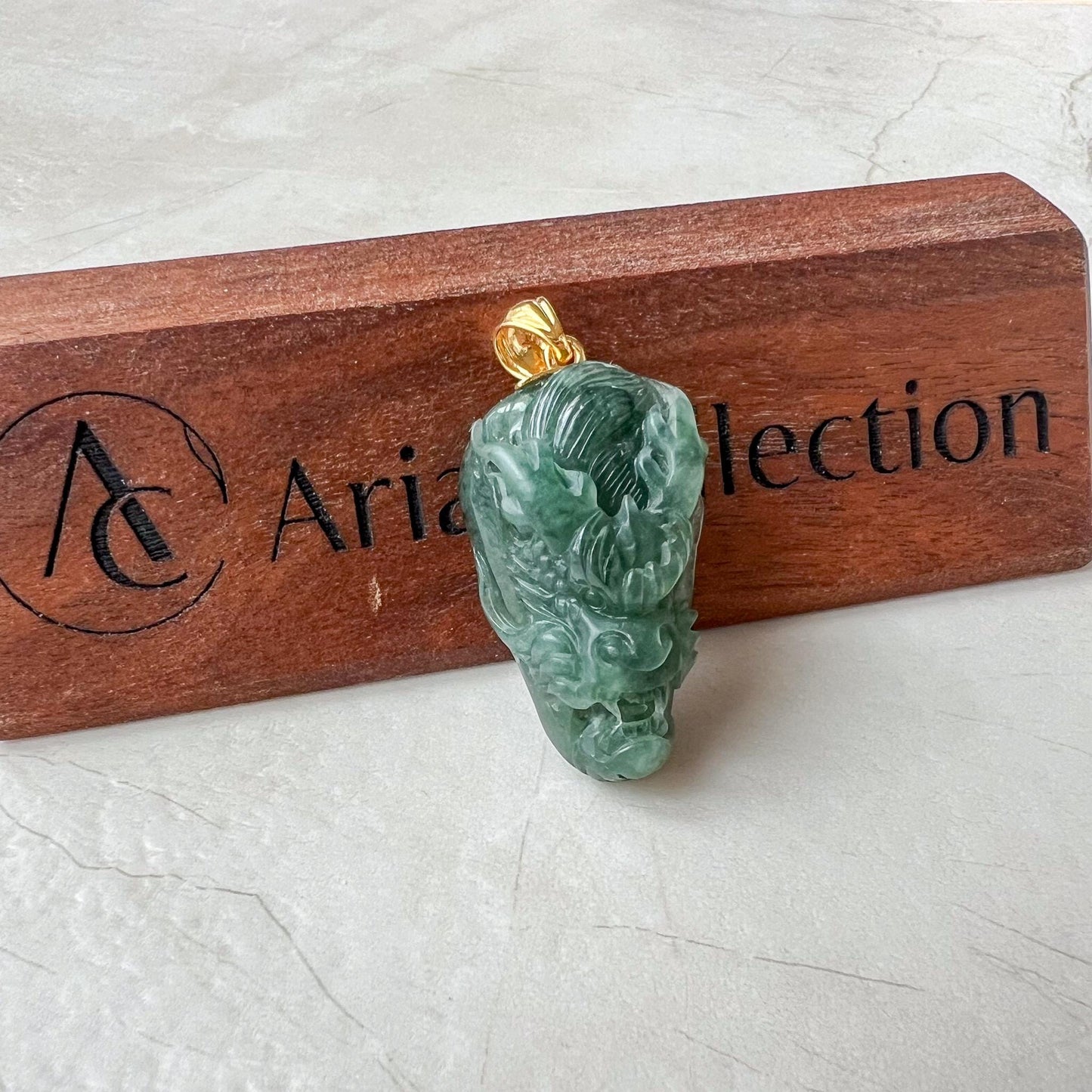 Green Dragon Head Jade Pendant, Jadeite Jade Hand Carved Pendant with 18K Solid Gold Bail, CAN-0424-1725081355