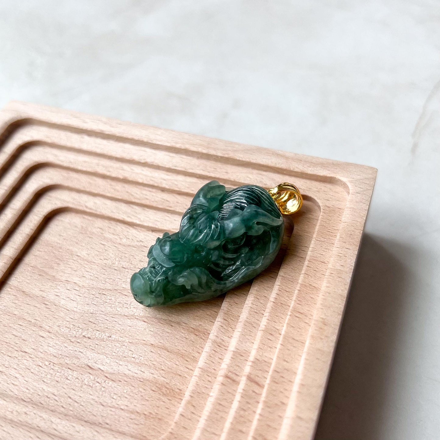 Green Dragon Head Jade Pendant, Jadeite Jade Hand Carved Pendant with 18K Solid Gold Bail, CAN-0424-1725081355