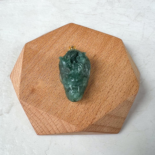 Green Dragon Head Jade Pendant, Jadeite Jade Hand Carved Pendant with 18K Solid Gold Bail, CAN-0424-1725081355