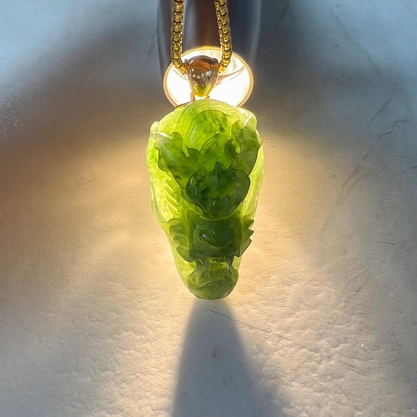 Green Dragon Head Jade Pendant, Jadeite Jade Hand Carved Pendant with 18K Solid Gold Bail, CAN-0424-1725081355