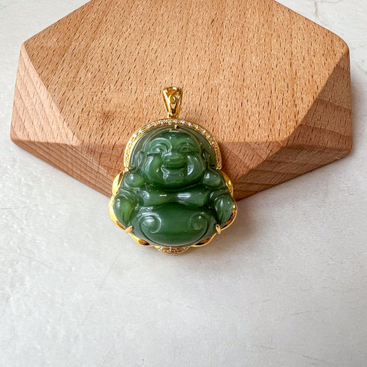 Green Happy Buddha Jade Pendant, Nephrite Jade with 18K Solid Gold and Diamonds, HST-0424-1725083179