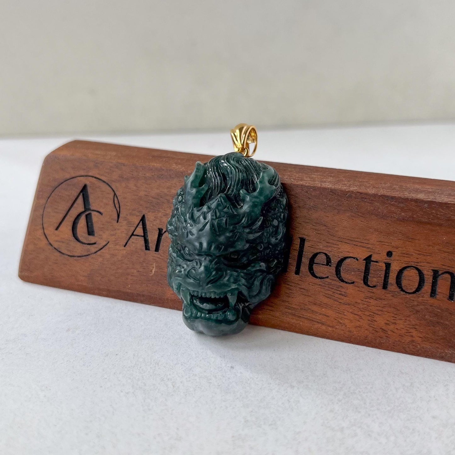 Shadow Dragon Head Pendant, Style 2, Dark Green Dragon Head, Jadeite Jade Hand Carved Pendant with 18K Solid Gold Bail, VIC-0424-1725164937