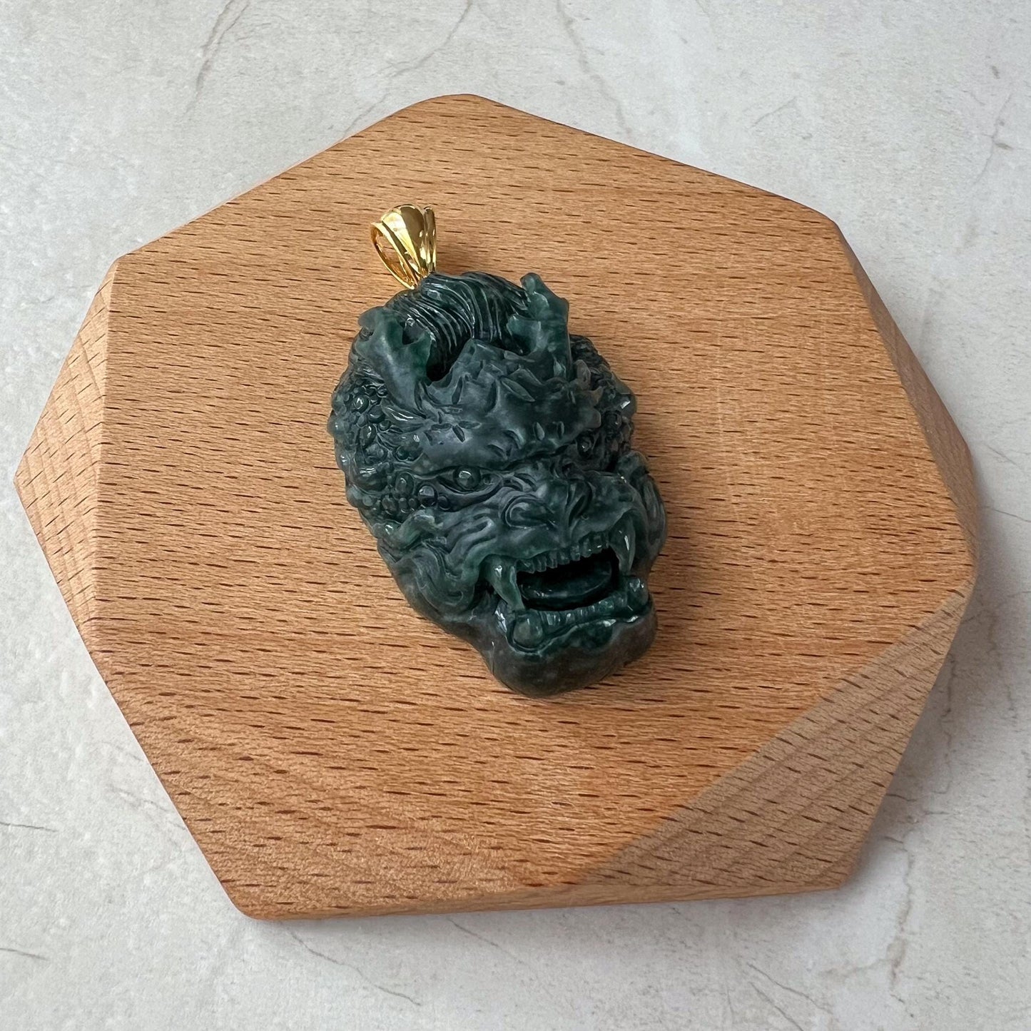 Shadow Dragon Head Pendant, Style 2, Dark Green Dragon Head, Jadeite Jade Hand Carved Pendant with 18K Solid Gold Bail, VIC-0424-1725164937