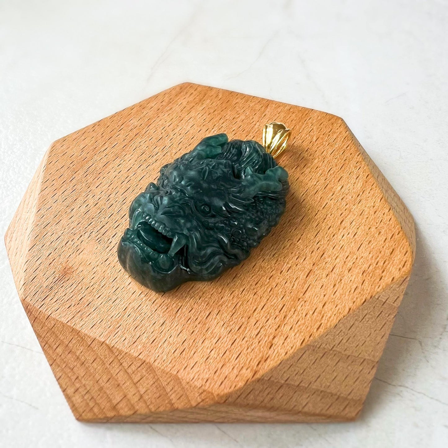 Shadow Dragon Head Pendant, Style 2, Dark Green Dragon Head, Jadeite Jade Hand Carved Pendant with 18K Solid Gold Bail, VIC-0424-1725164937