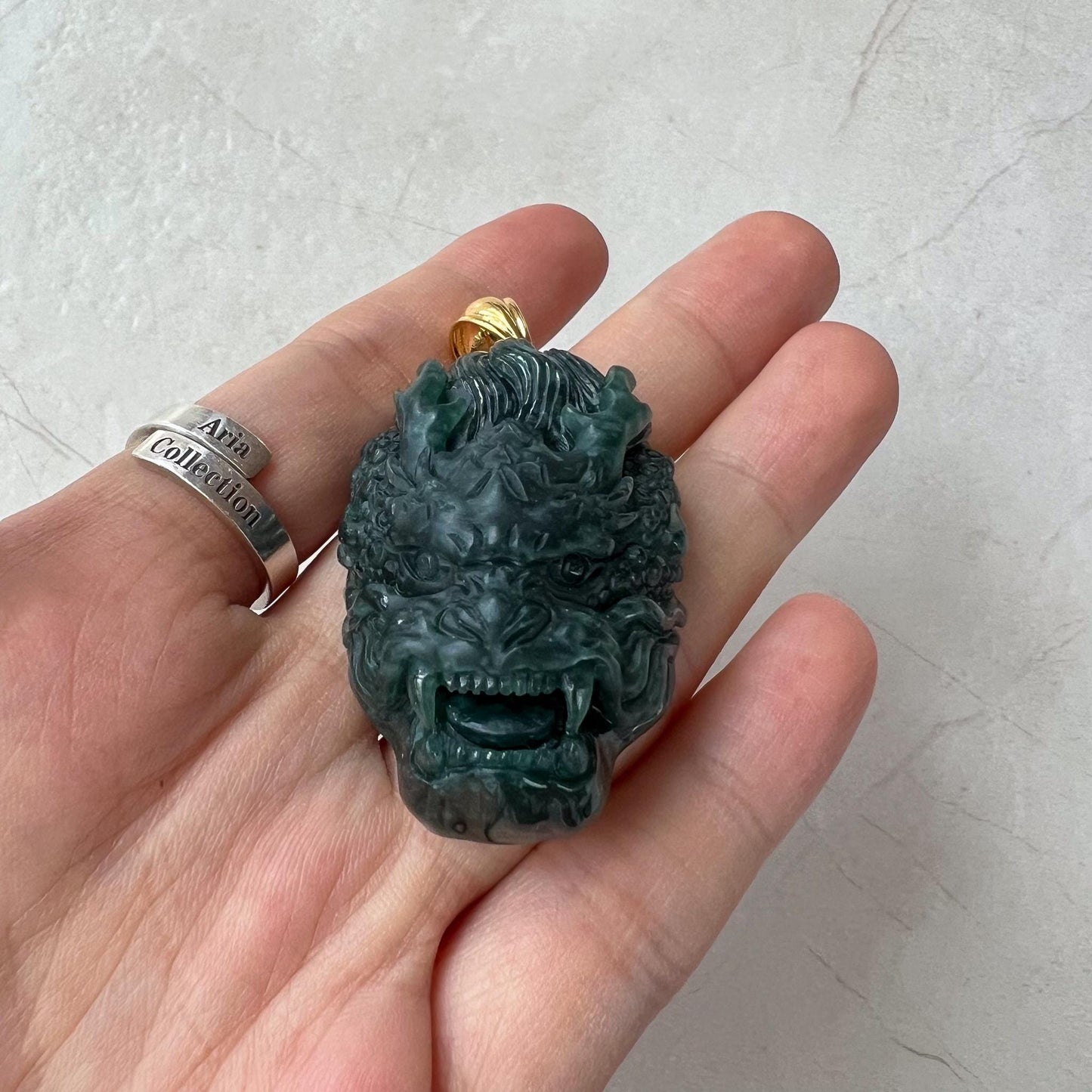 Shadow Dragon Head Pendant, Style 2, Dark Green Dragon Head, Jadeite Jade Hand Carved Pendant with 18K Solid Gold Bail, VIC-0424-1725164937