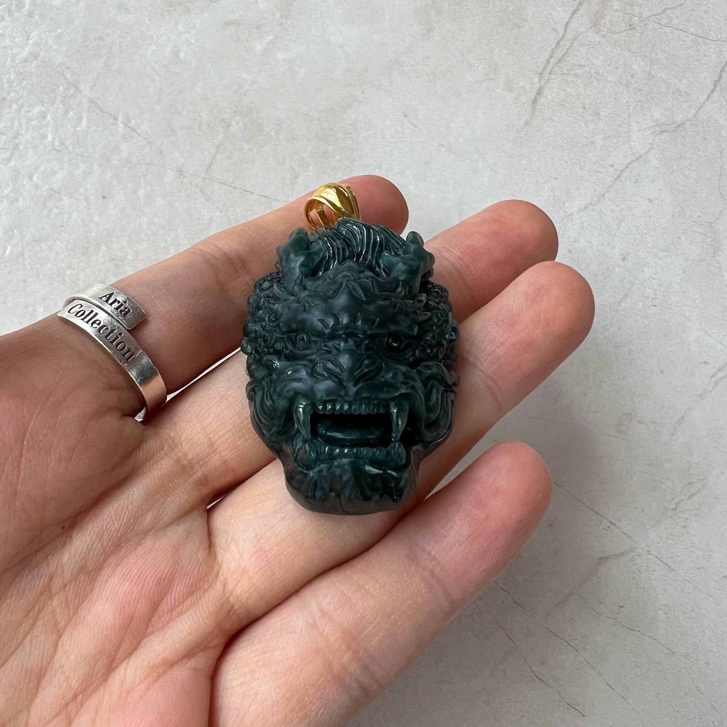 Shadow Dragon Head Pendant, Style 2, Dark Green Dragon Head, Jadeite Jade Hand Carved Pendant with 18K Solid Gold Bail, VIC-0424-1725164937