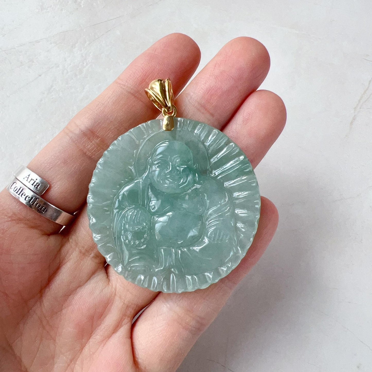 Happy Buddha Eternal Joy Pendant, Green Happy Buddha Jadeite Jade with 18K Solid Gold Pendant, ANG-0424-1725334453