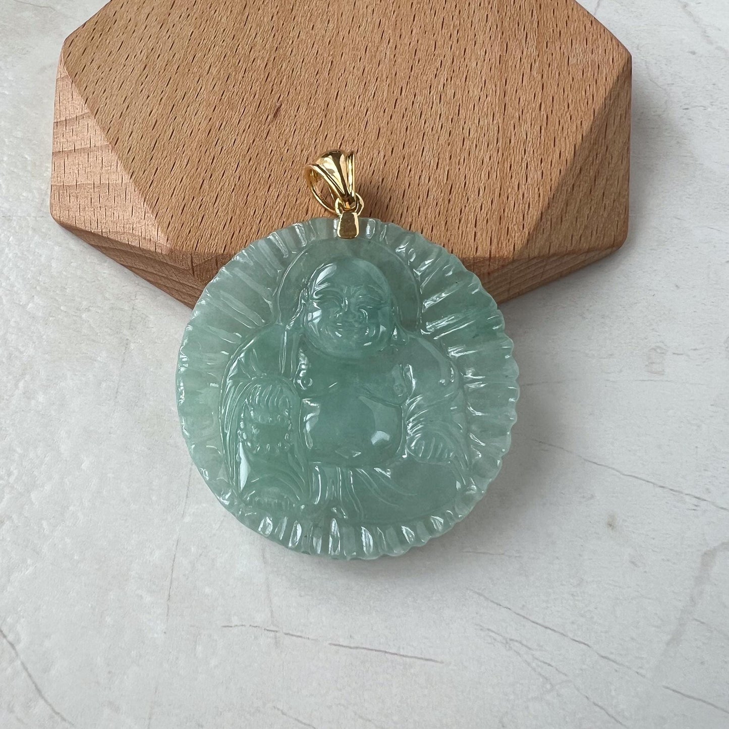 Happy Buddha Eternal Joy Pendant, Green Happy Buddha Jadeite Jade with 18K Solid Gold Pendant, ANG-0424-1725334453