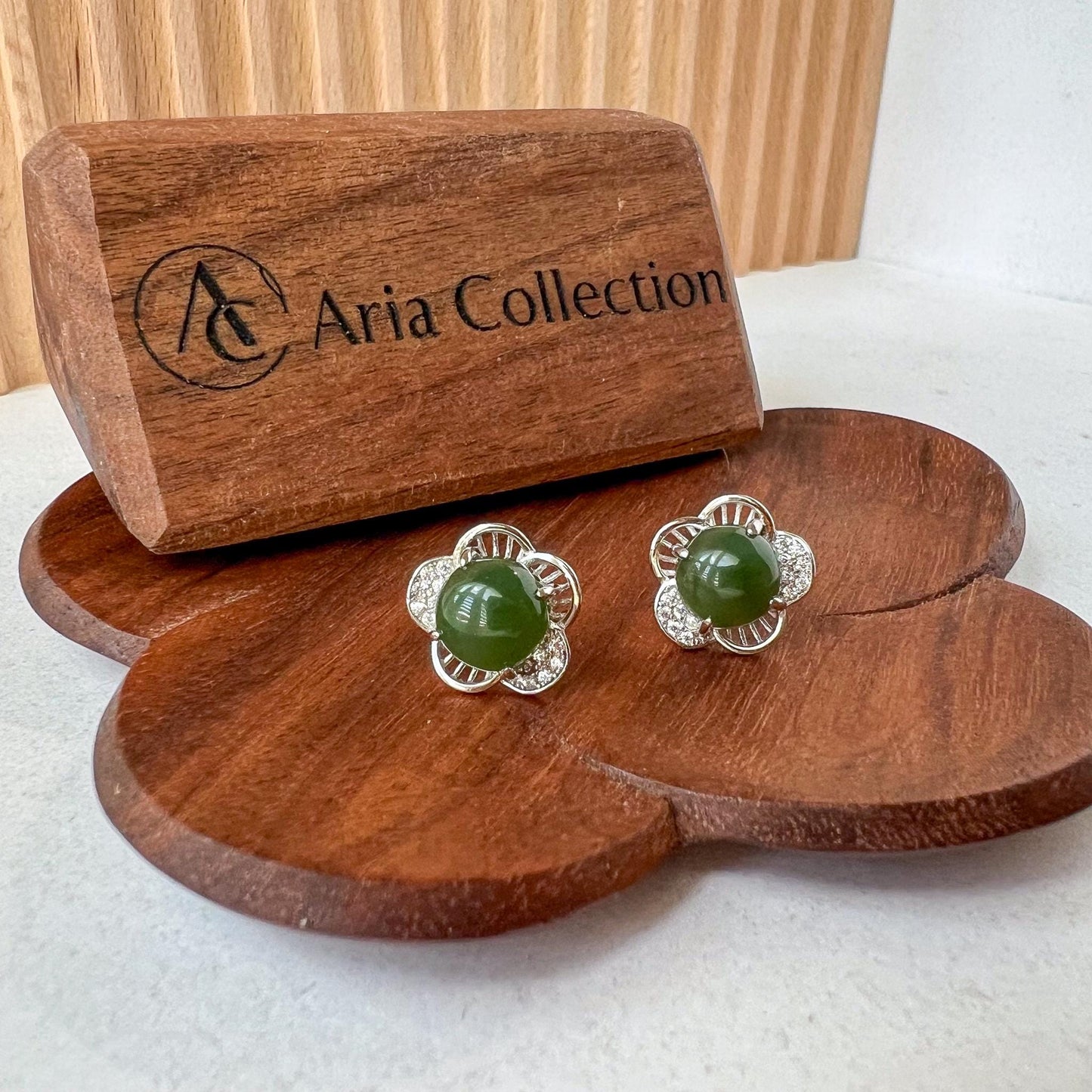 Jade Flower Earring Studs, Green Nephrite Jade Sterling Silver Earrings, JSY-0424-12158