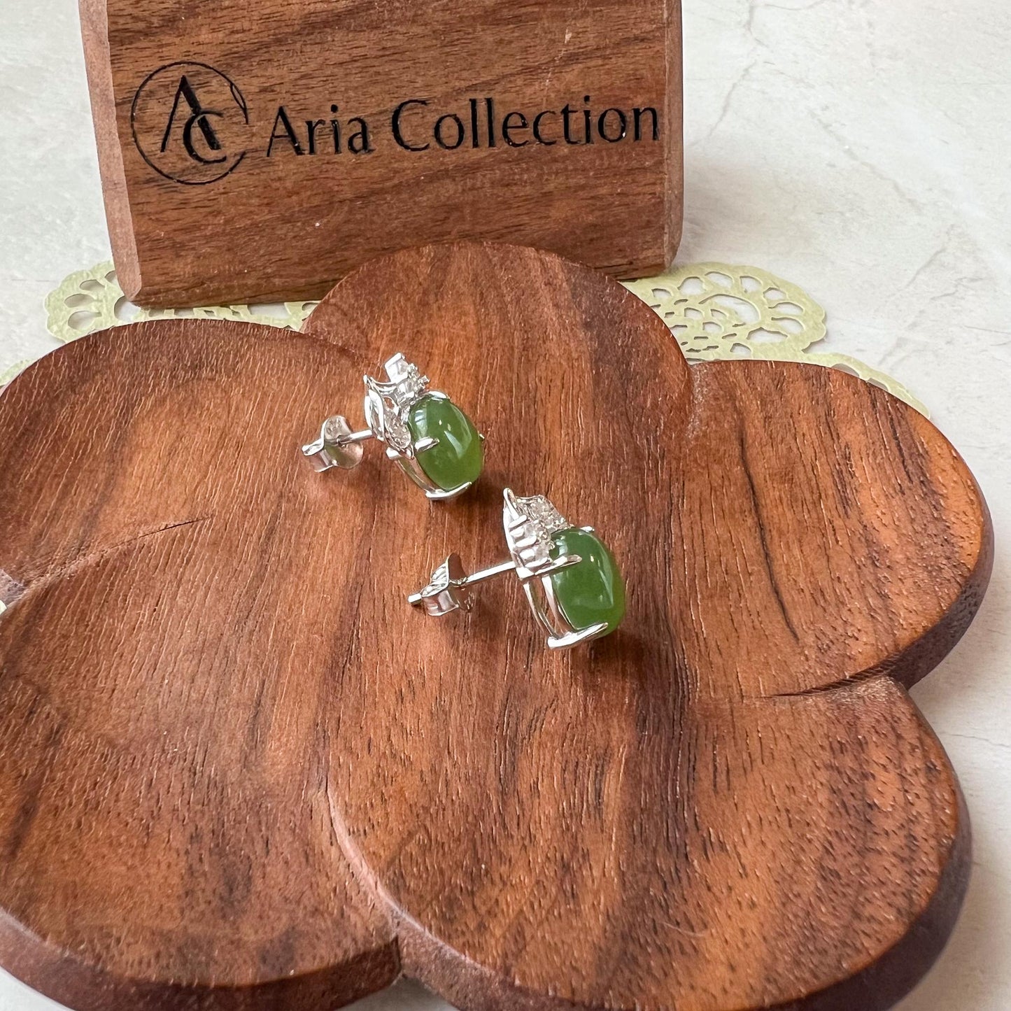 Silver Leaf Green Jade Earring Studs, Green Nephrite Jade Sterling Silver Earrings, JSY-0424-12150