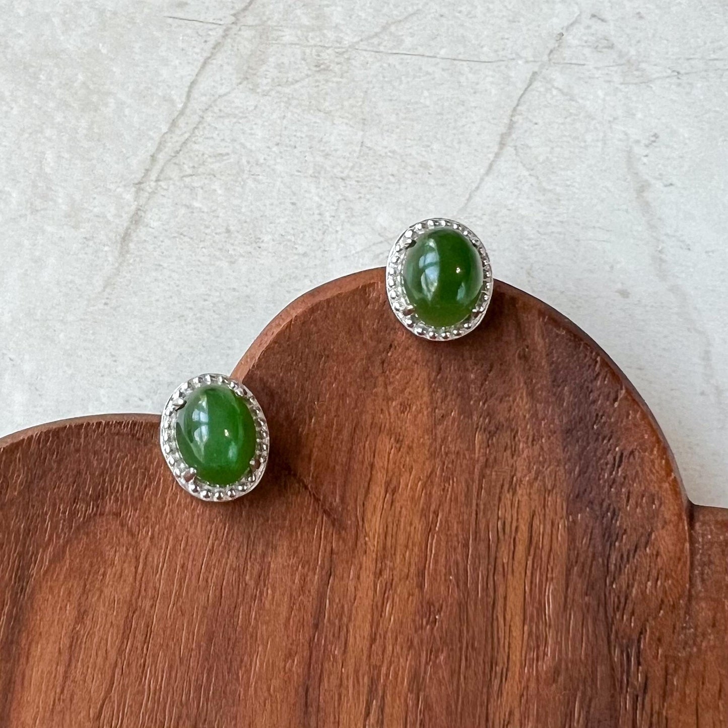 Green Jade Classic Earring Studs, Style 1, Green Nephrite Jade Sterling Silver Earrings, JSY-0424-12161