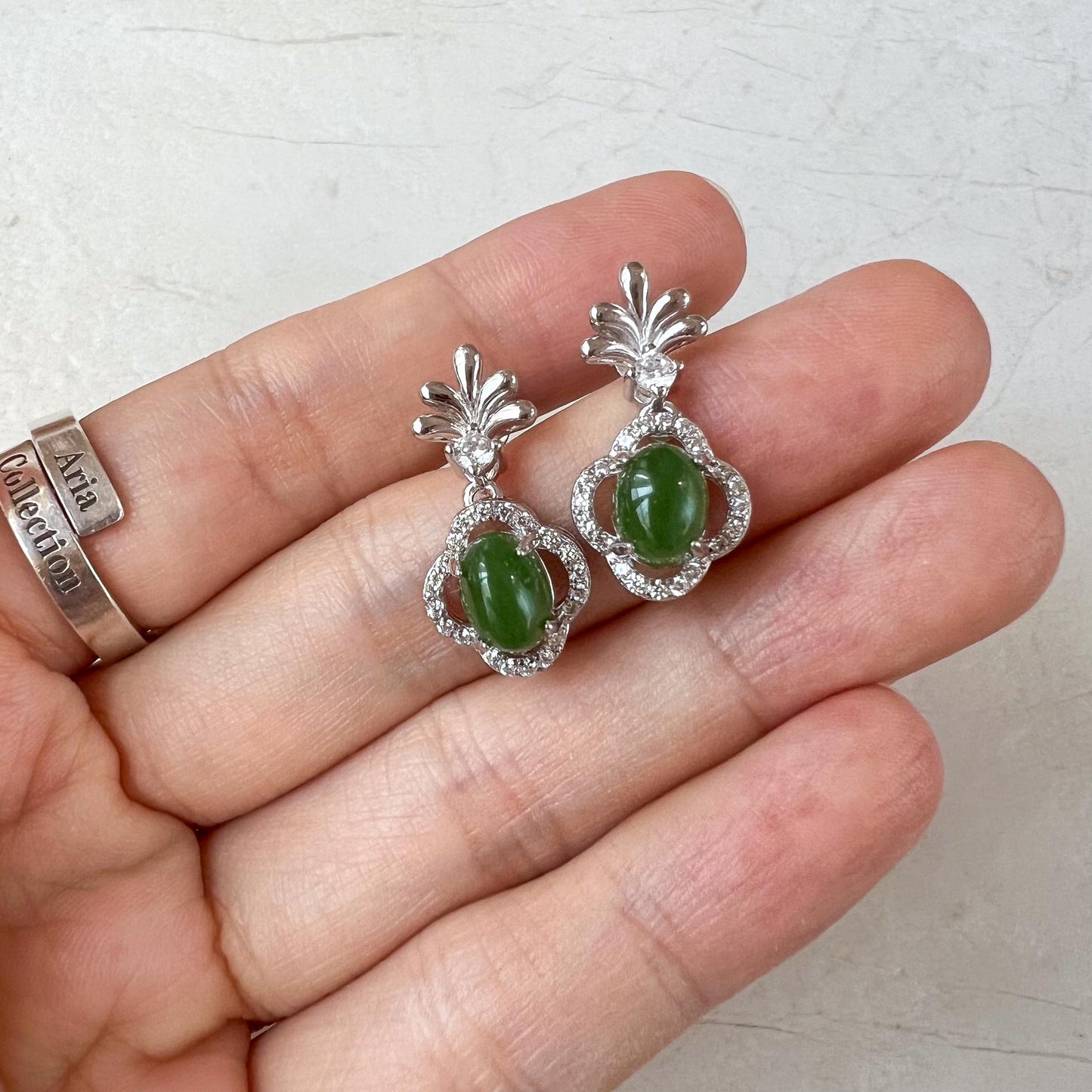 Silver Fern Green Jade Earring Studs, Green Nephrite Jade Sterling Silver Earrings, JSY-0424-12156