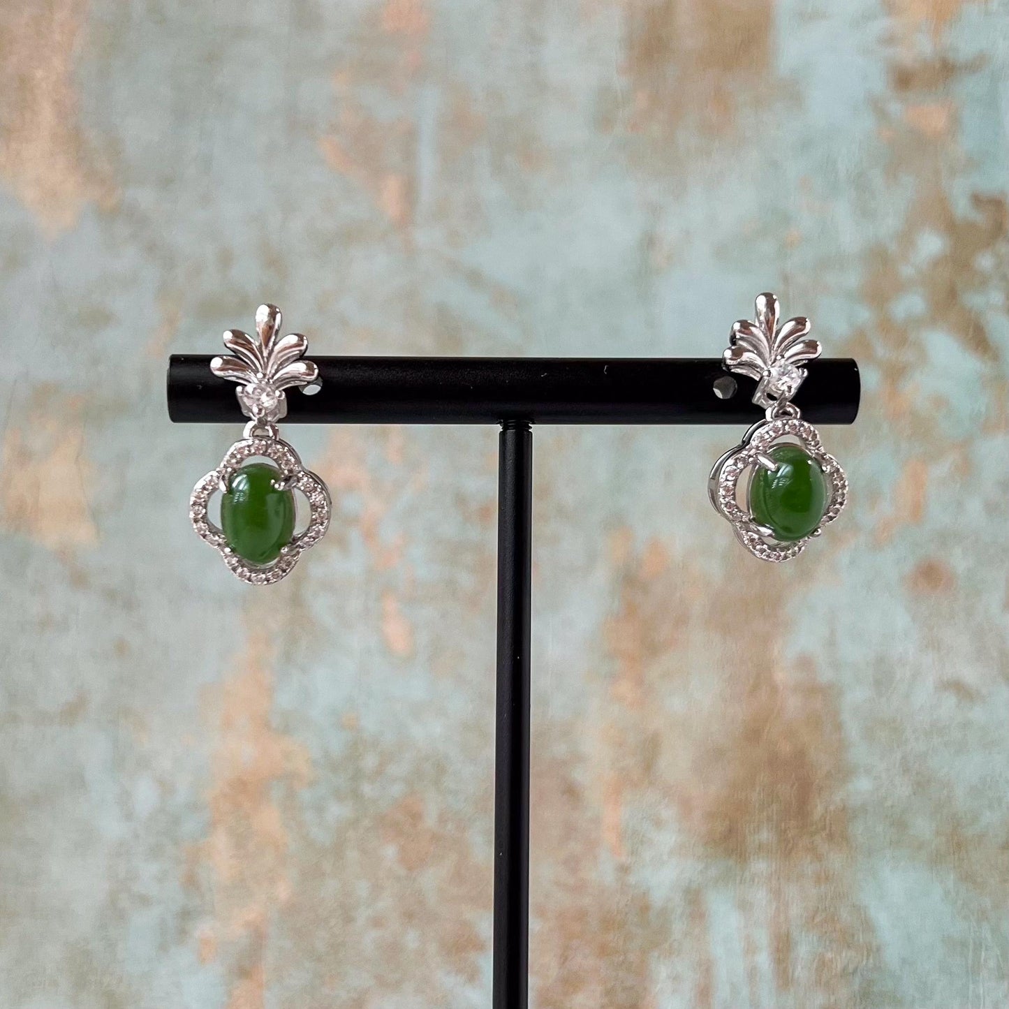 Silver Fern Green Jade Earring Studs, Green Nephrite Jade Sterling Silver Earrings, JSY-0424-12156